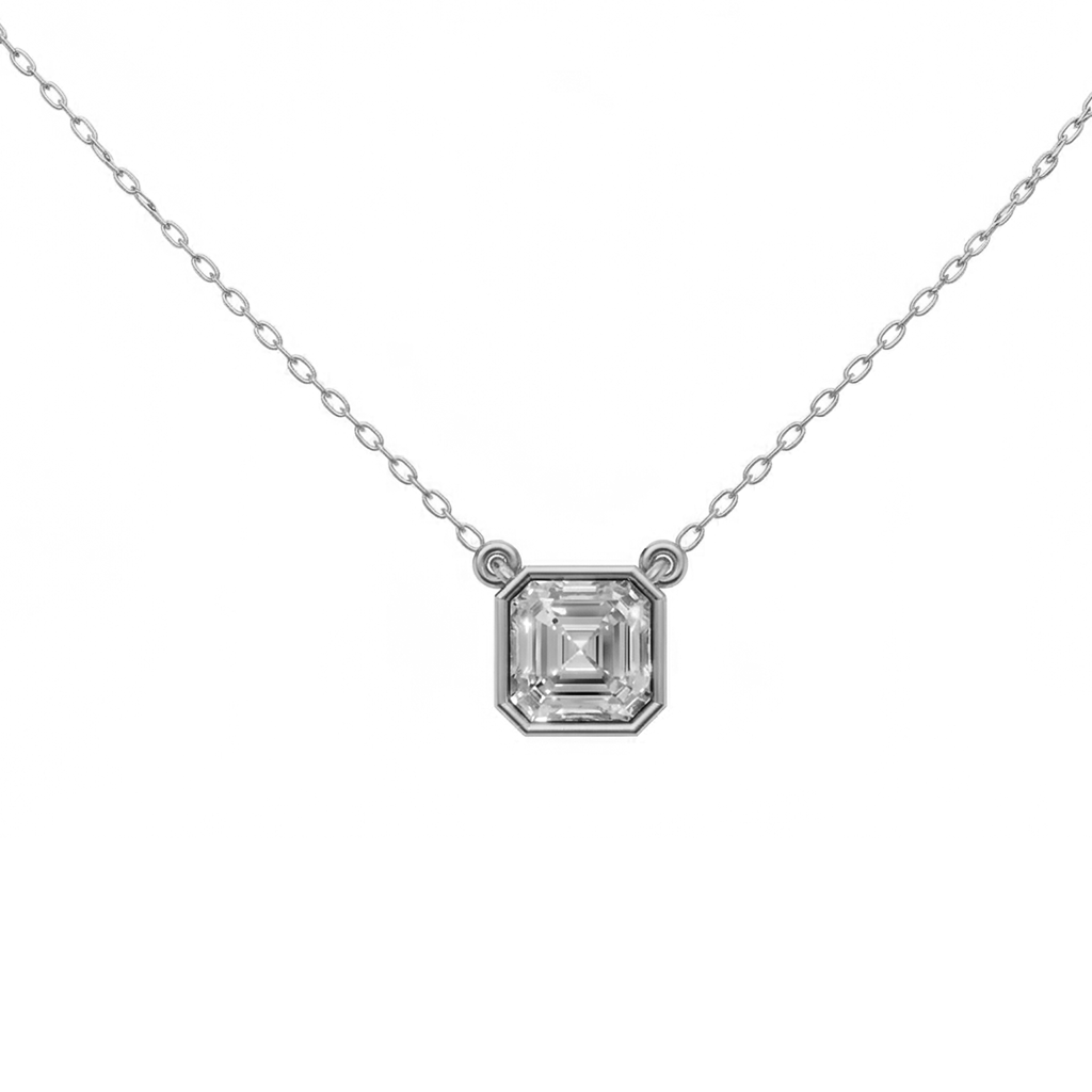 Valencia bezel asscher cut diamond pendant in yellow gold on cable chain — earth and grown diamonds by Amber Arc