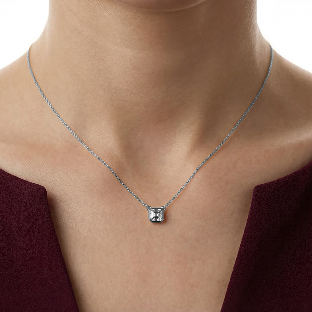 Valencia bezel asscher cut diamond pendant in yellow gold on cable chain — earth and grown diamonds by Amber Arc – view 4
