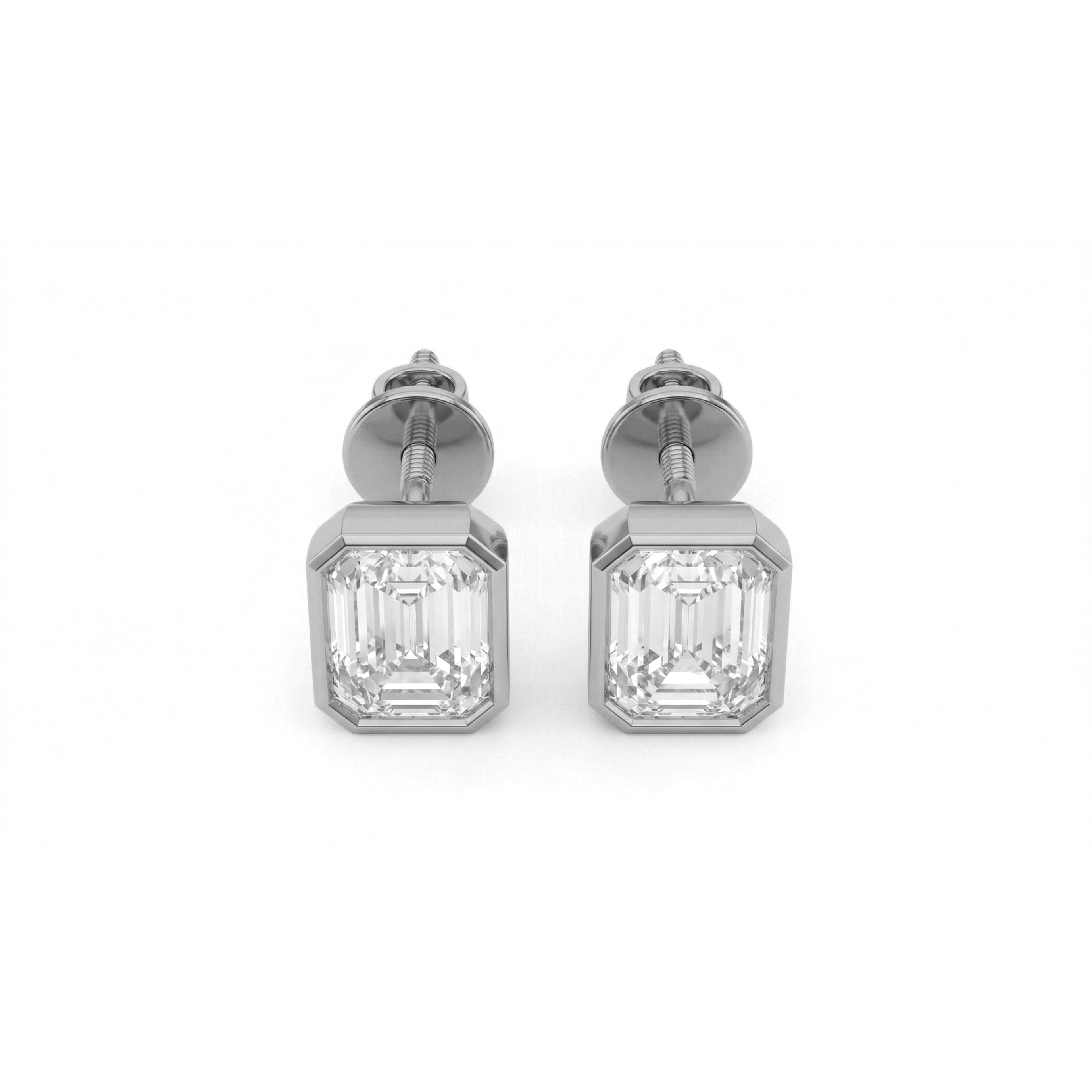 Valencia bezel emerald cut diamond stud earrings in white gold — earth and grown diamonds by Amber Arc