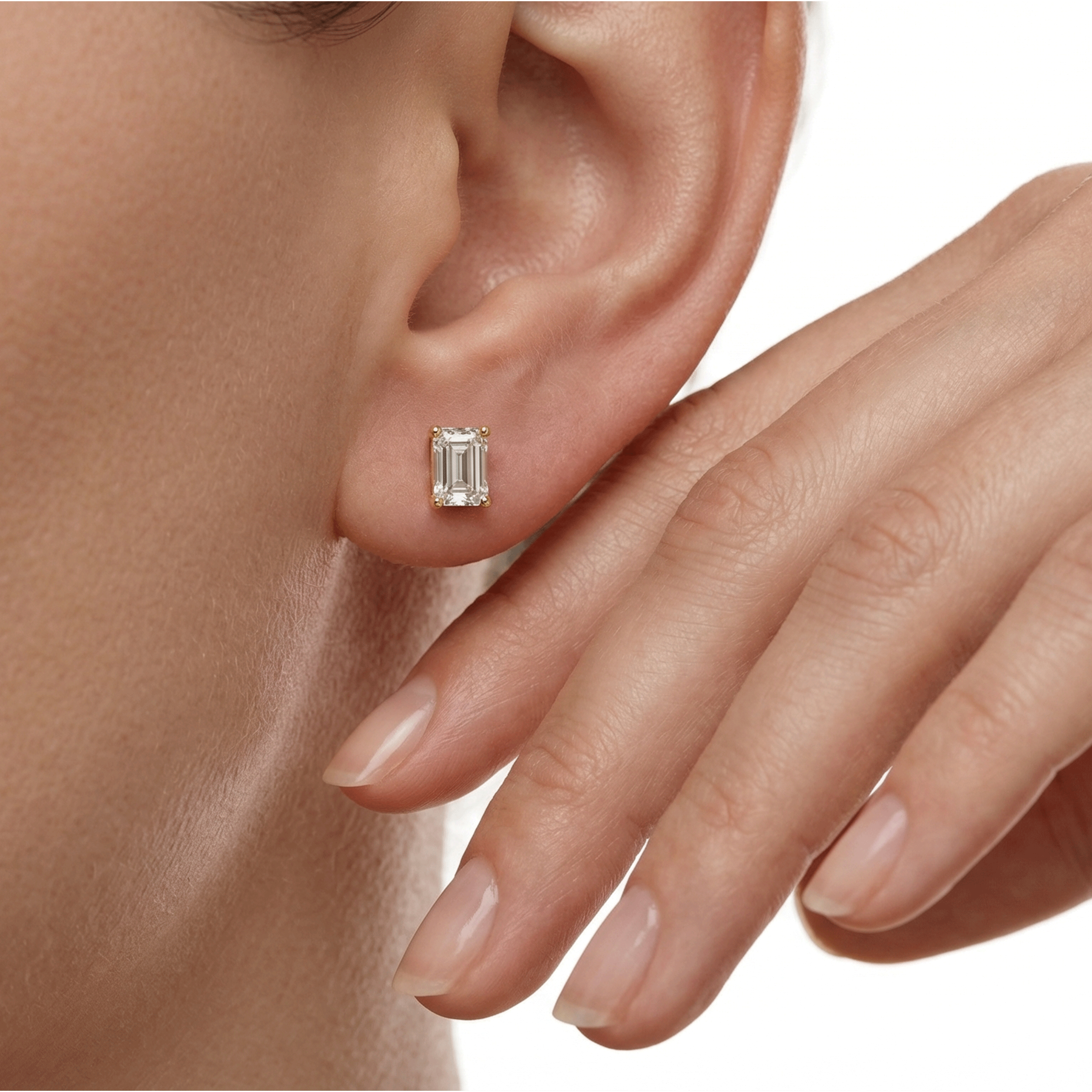 Jude emerald cut diamond stud earrings in white gold — earth and grown diamonds by Amber Arc – view 4