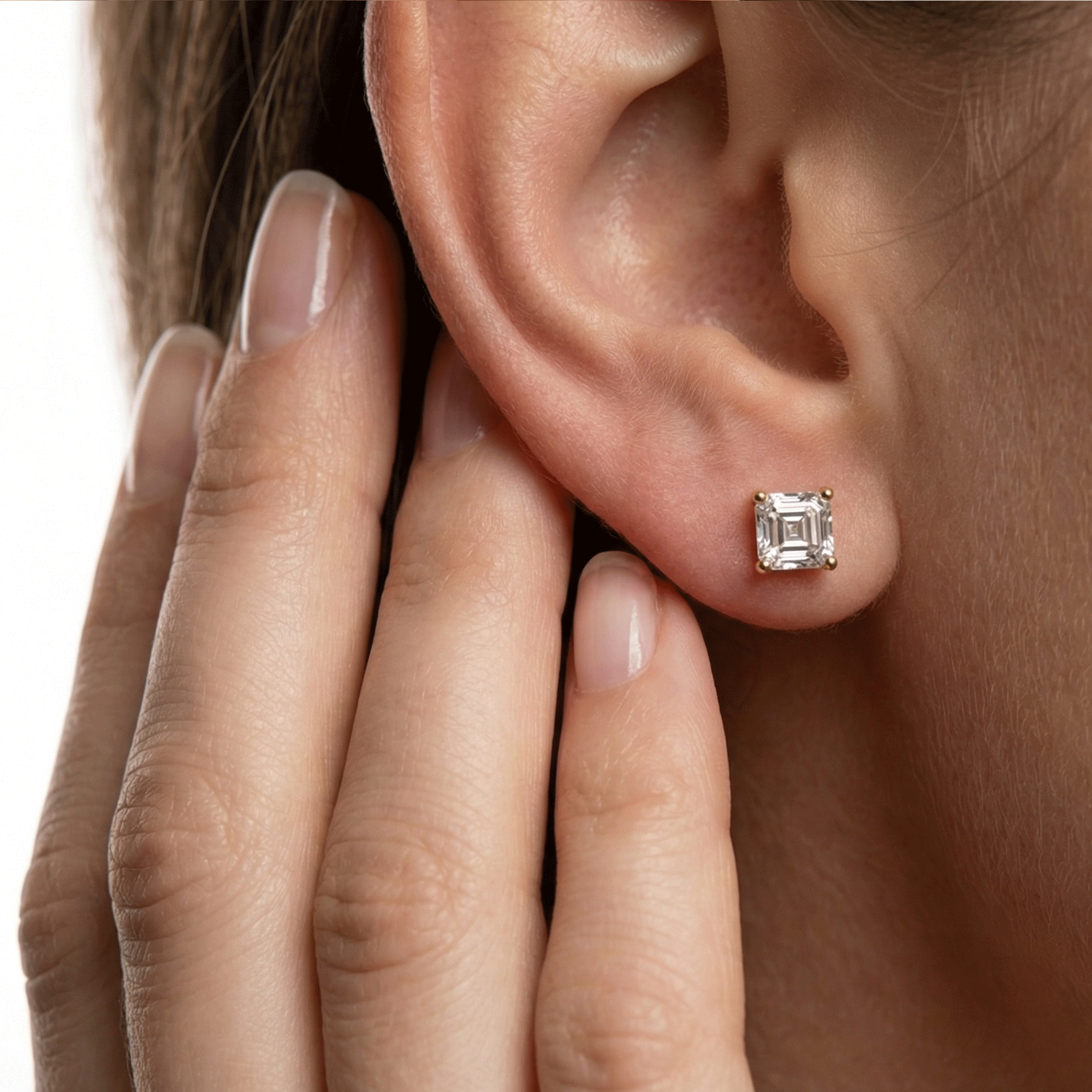 Jude asscher cut diamond stud earrings in white gold — earth and grown diamonds by Amber Arc – view 4