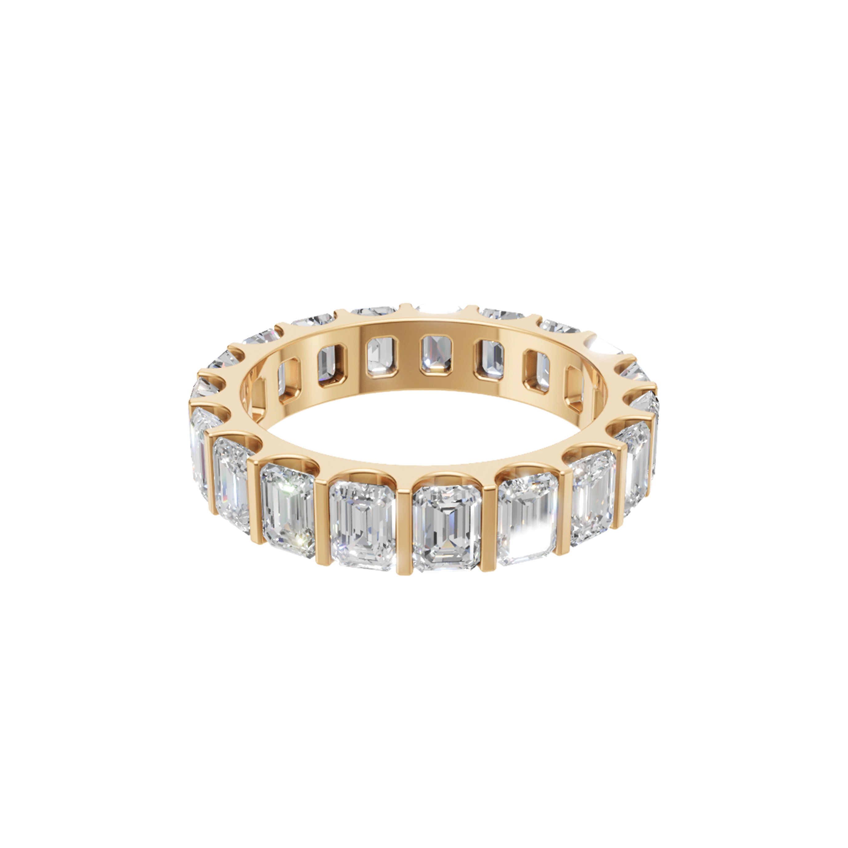 Ira bar emerald cut diamond eternity band in yellow gold — earth and grown diamonds by Amber Arc