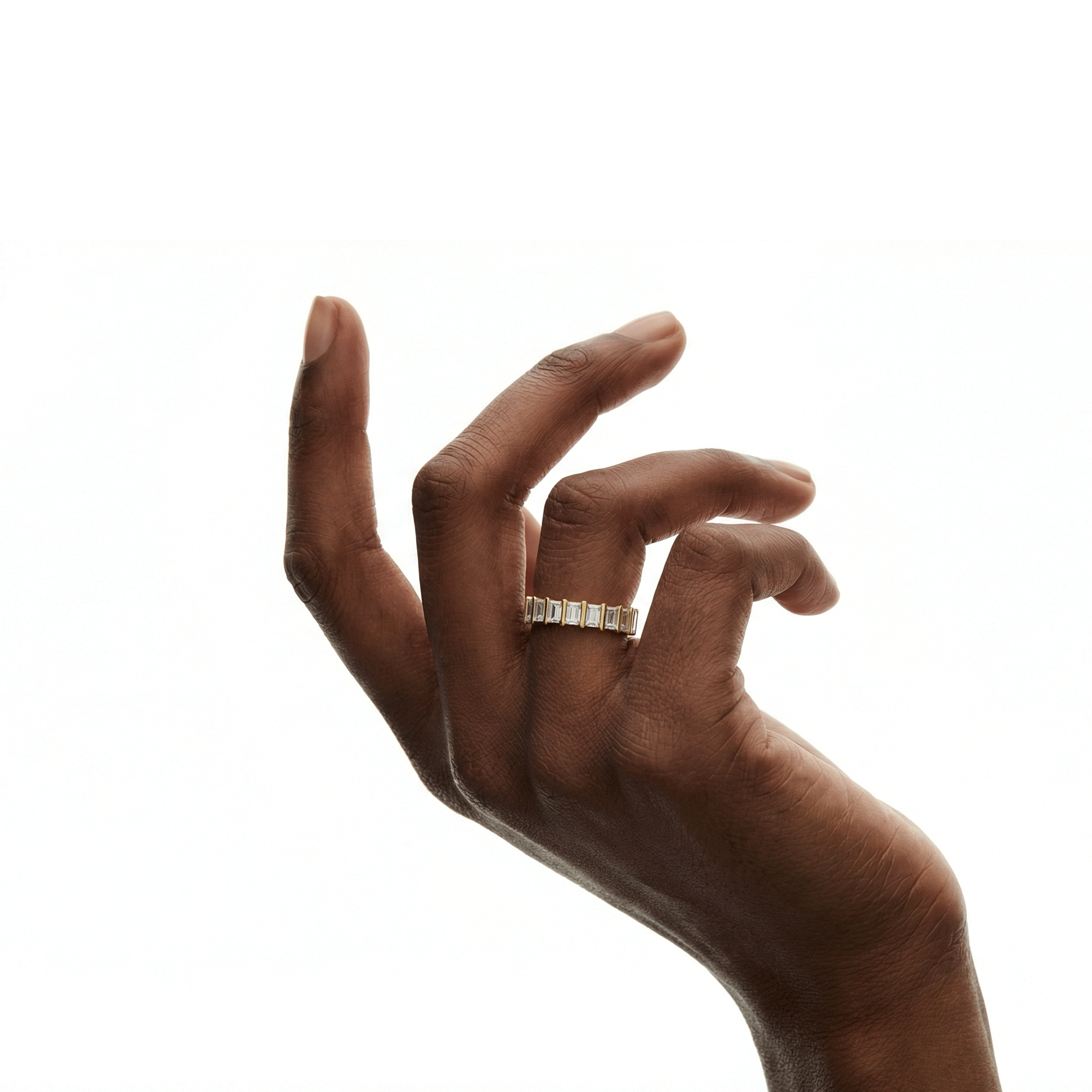 Ira bar emerald cut diamond eternity band in yellow gold — earth and grown diamonds by Amber Arc – view 4