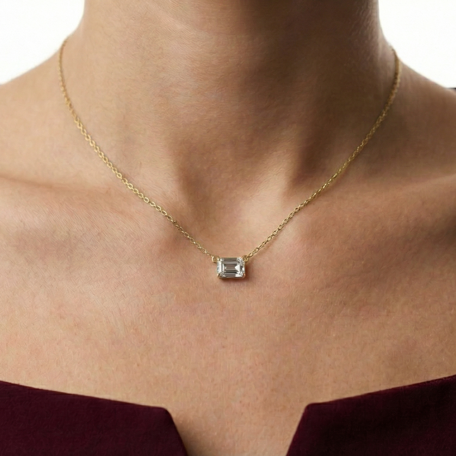 Jude east west emerald cut diamond pendant in yellow gold on cable chain — earth and grown diamonds by Amber Arc – view 3