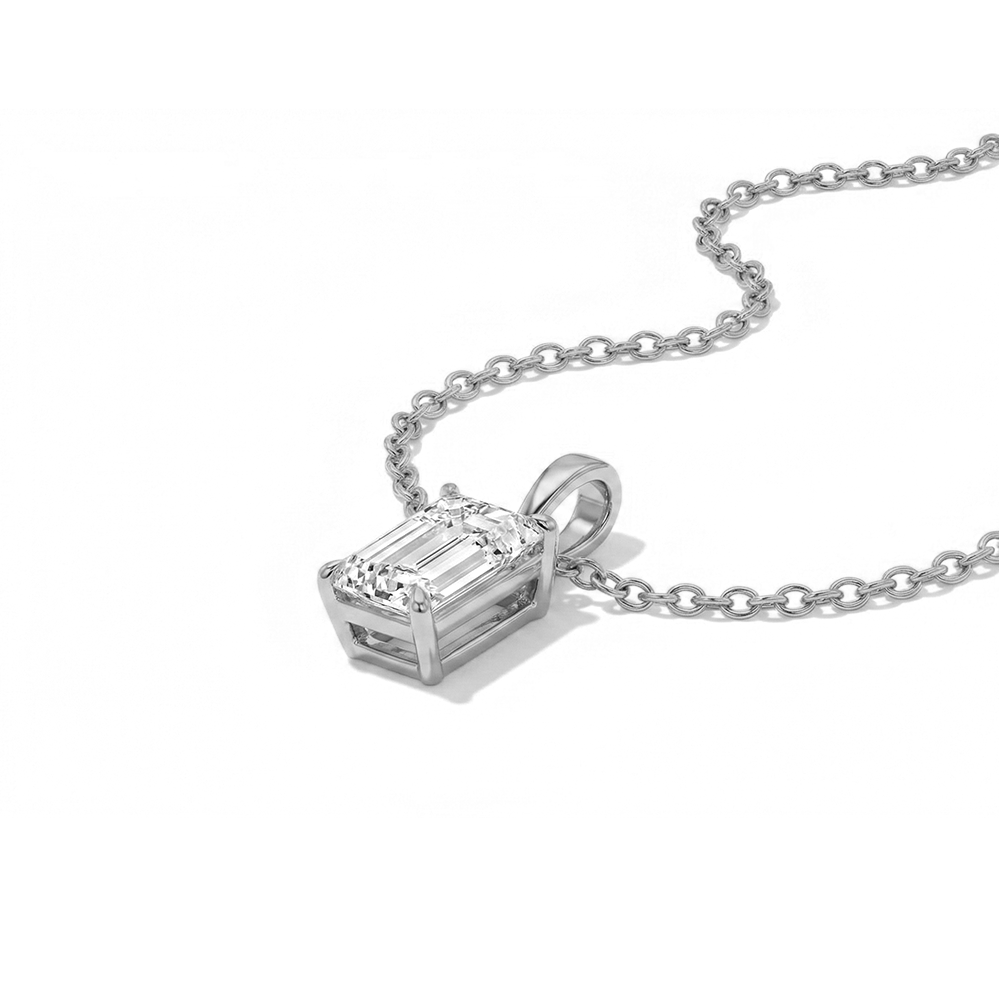 Nova single bail emerald cut diamond pendant in white gold on cable chain — earth and grown diamonds by Amber Arc – view 2