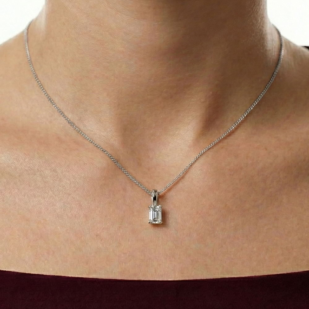 Nova single bail emerald cut diamond pendant in white gold on cable chain — earth and grown diamonds by Amber Arc – view 4