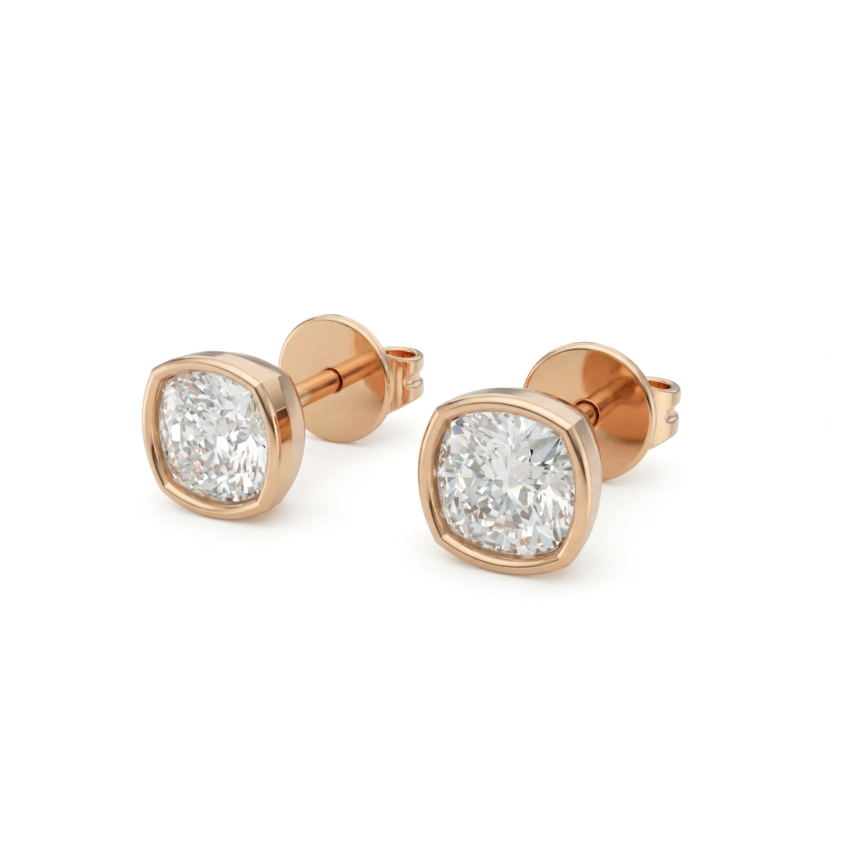 Valencia bezel square cushion diamond stud earrings in white gold — earth and grown diamonds by Amber Arc – view 2