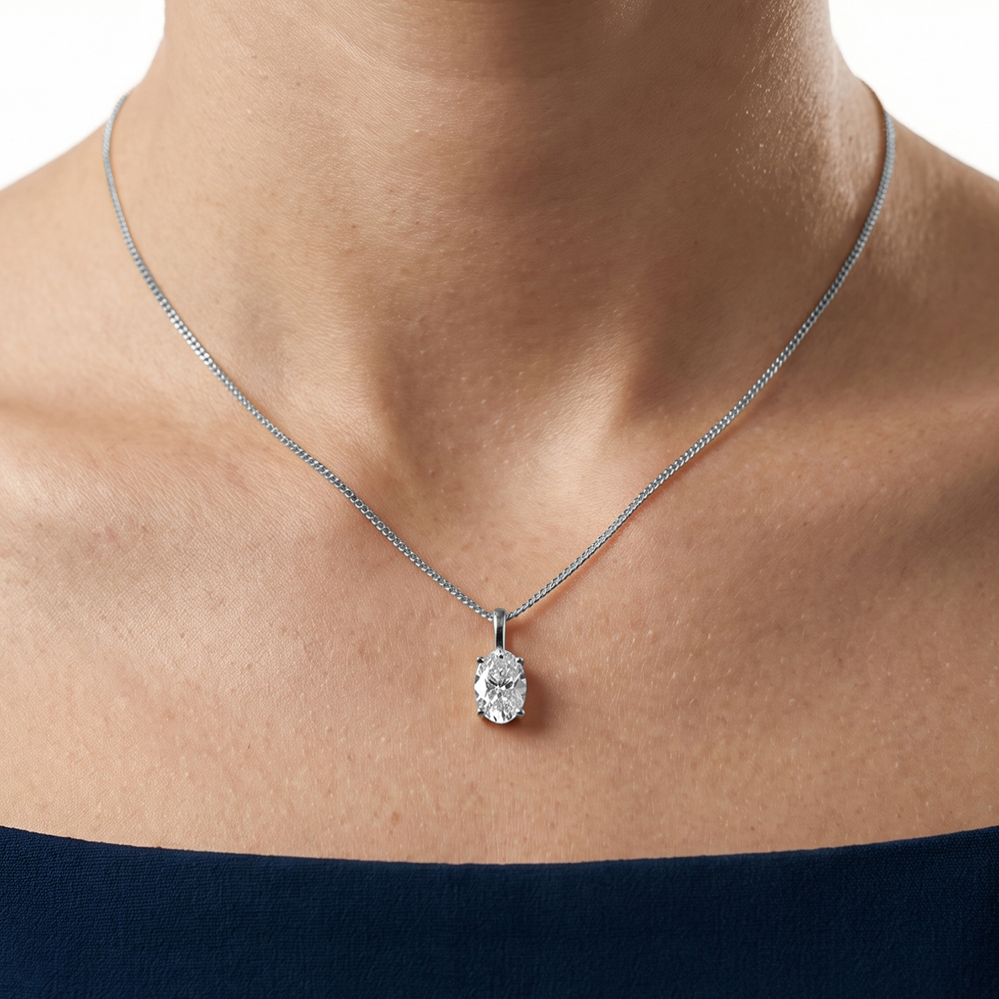 Nova single bail oval diamond pendant in white gold on cable chain — earth and grown diamonds by Amber Arc – view 4