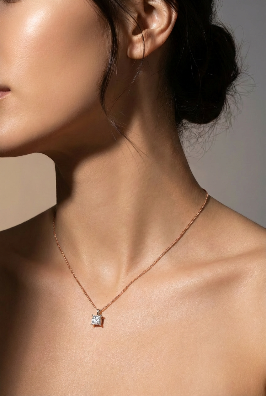Nova single bail princess cut diamond pendant in white gold on cable chain — earth and grown diamonds by Amber Arc – view 4