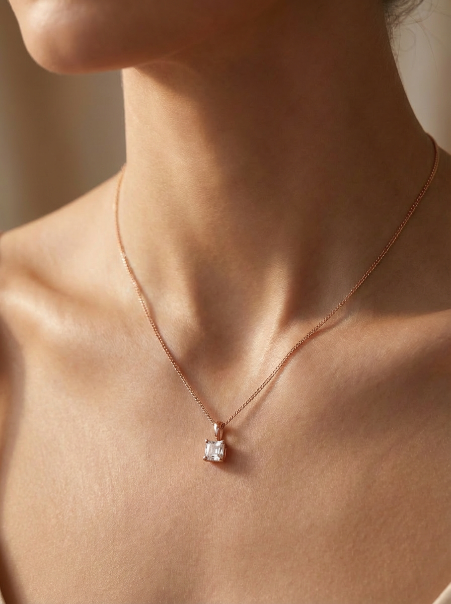 Nova single bail asscher cut diamond pendant in white gold on cable chain — earth and grown diamonds by Amber Arc – view 4