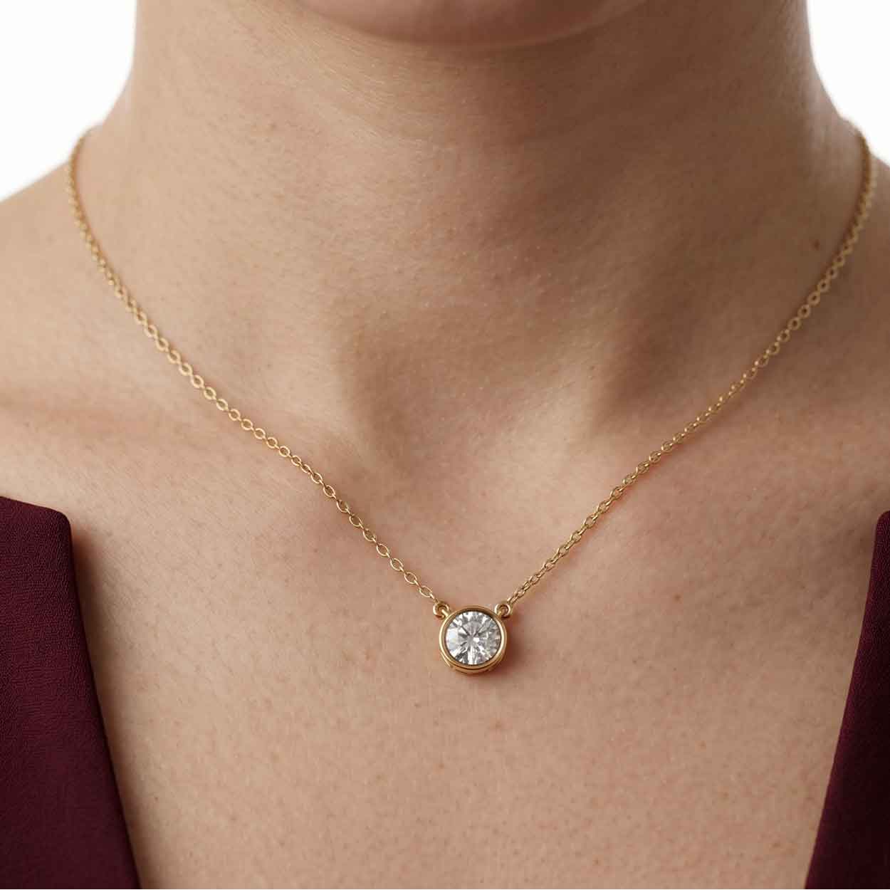 Valencia bezel round brilliant diamond pendant in yellow gold on cable chain — earth and grown diamonds by Amber Arc – view 4