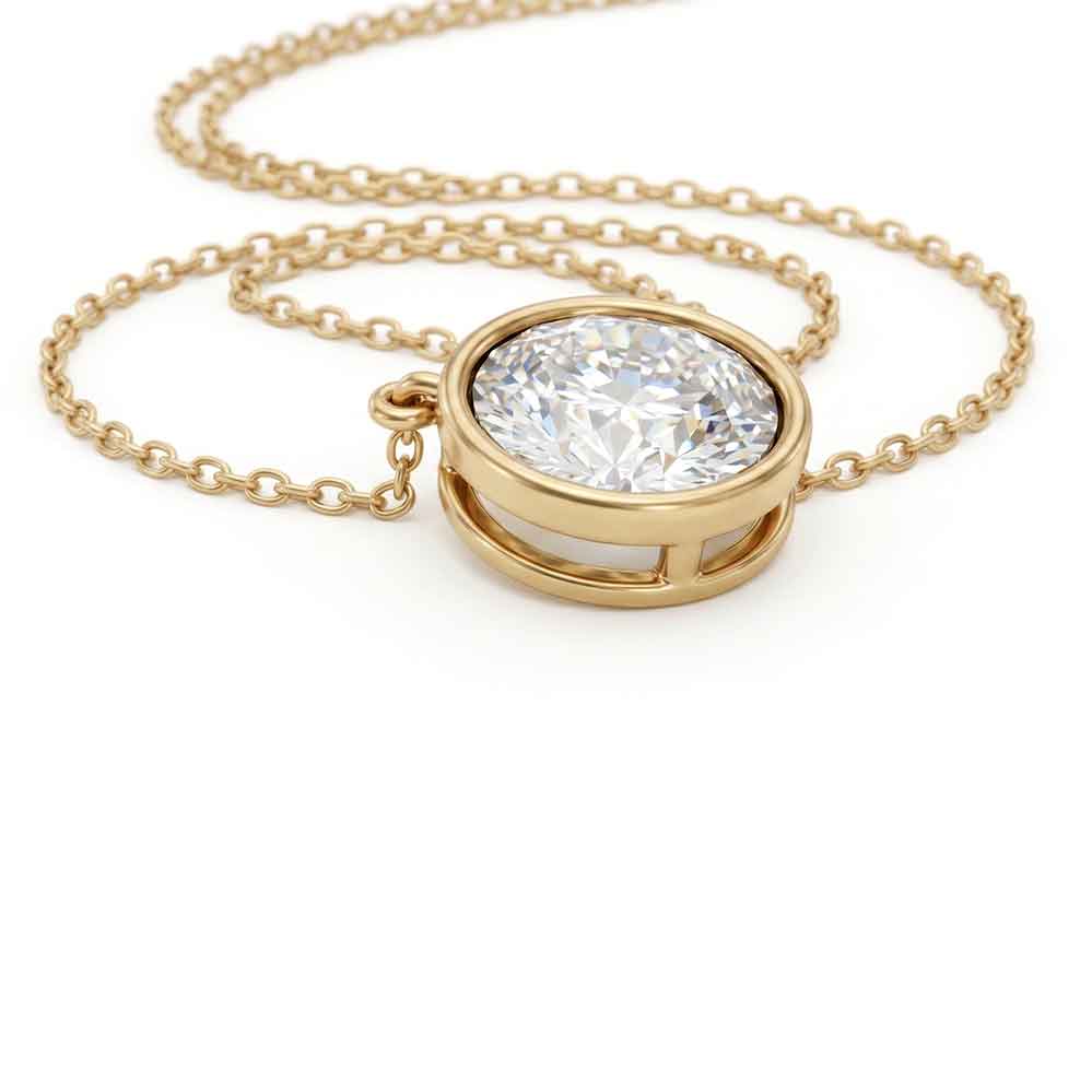 Valencia bezel round brilliant diamond pendant in yellow gold on cable chain — earth and grown diamonds by Amber Arc – view 2