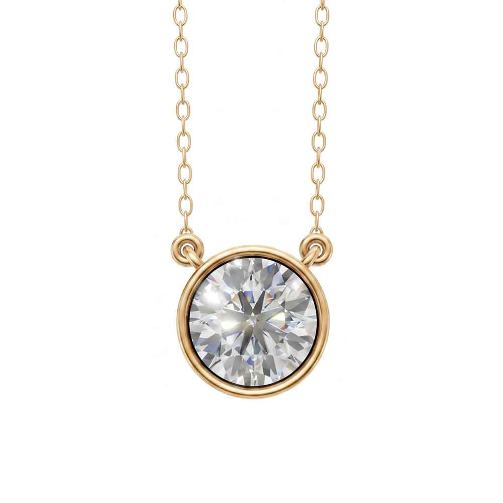 Valencia bezel round brilliant diamond pendant in yellow gold on cable chain — earth and grown diamonds by Amber Arc