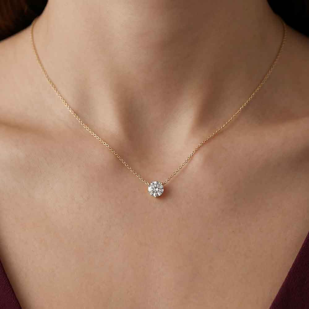 Stella three prong round brilliant diamond pendant in white gold on cable chain — earth and grown diamonds by Amber Arc – view 4