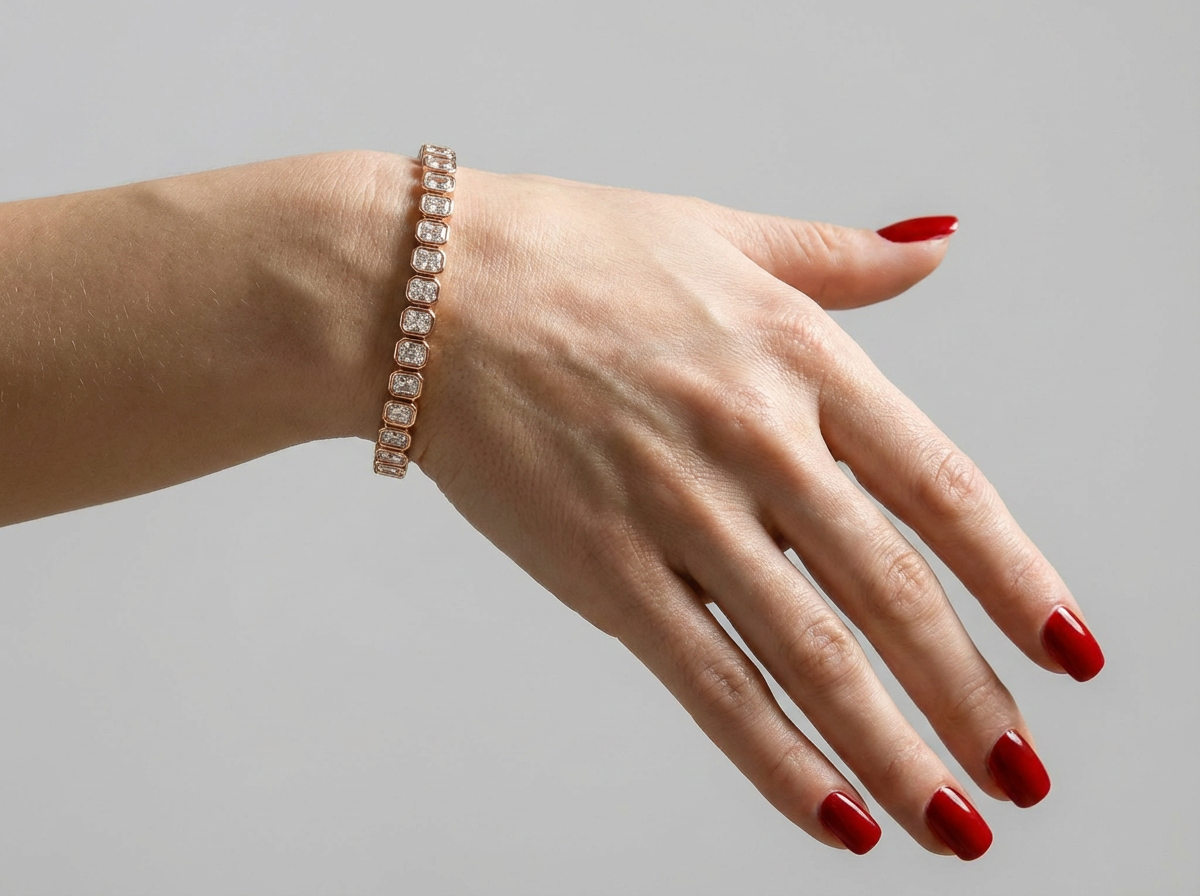 Valencia bezel long radiant north south diamond tennis bracelet in white gold — earth and grown diamonds by Amber Arc – view 4