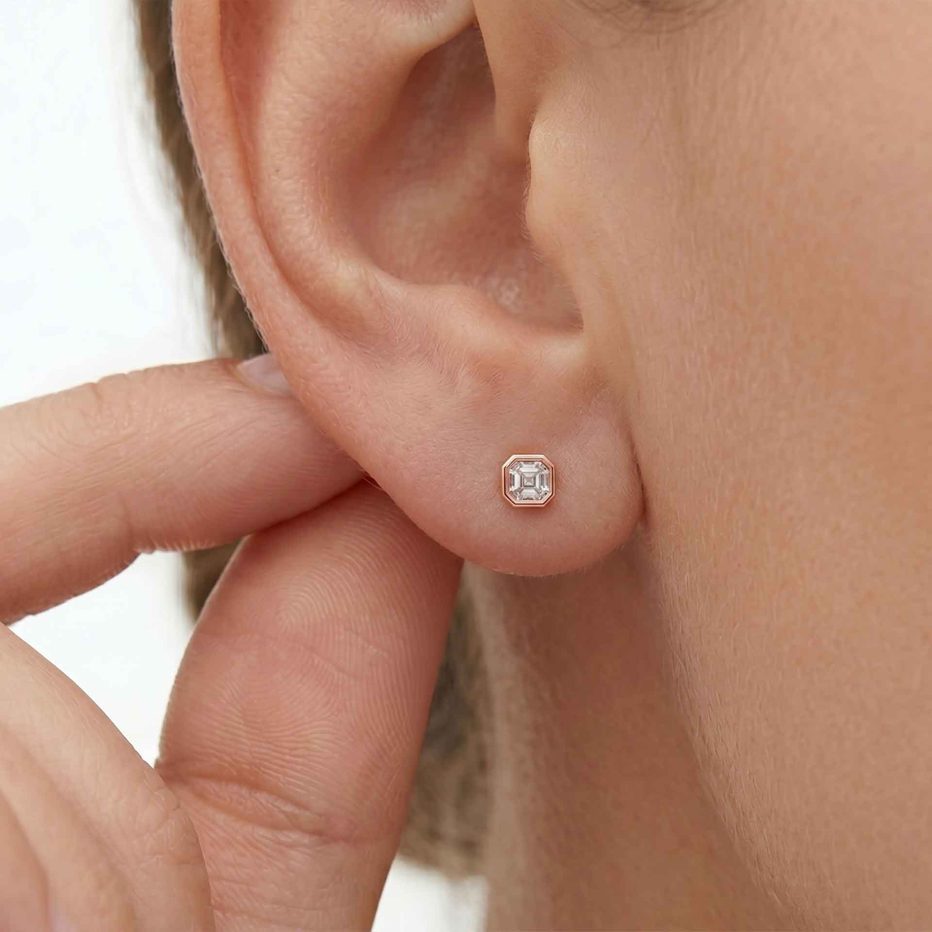 Valencia bezel asscher cut diamond stud earrings in white gold — earth and grown diamonds by Amber Arc – view 4