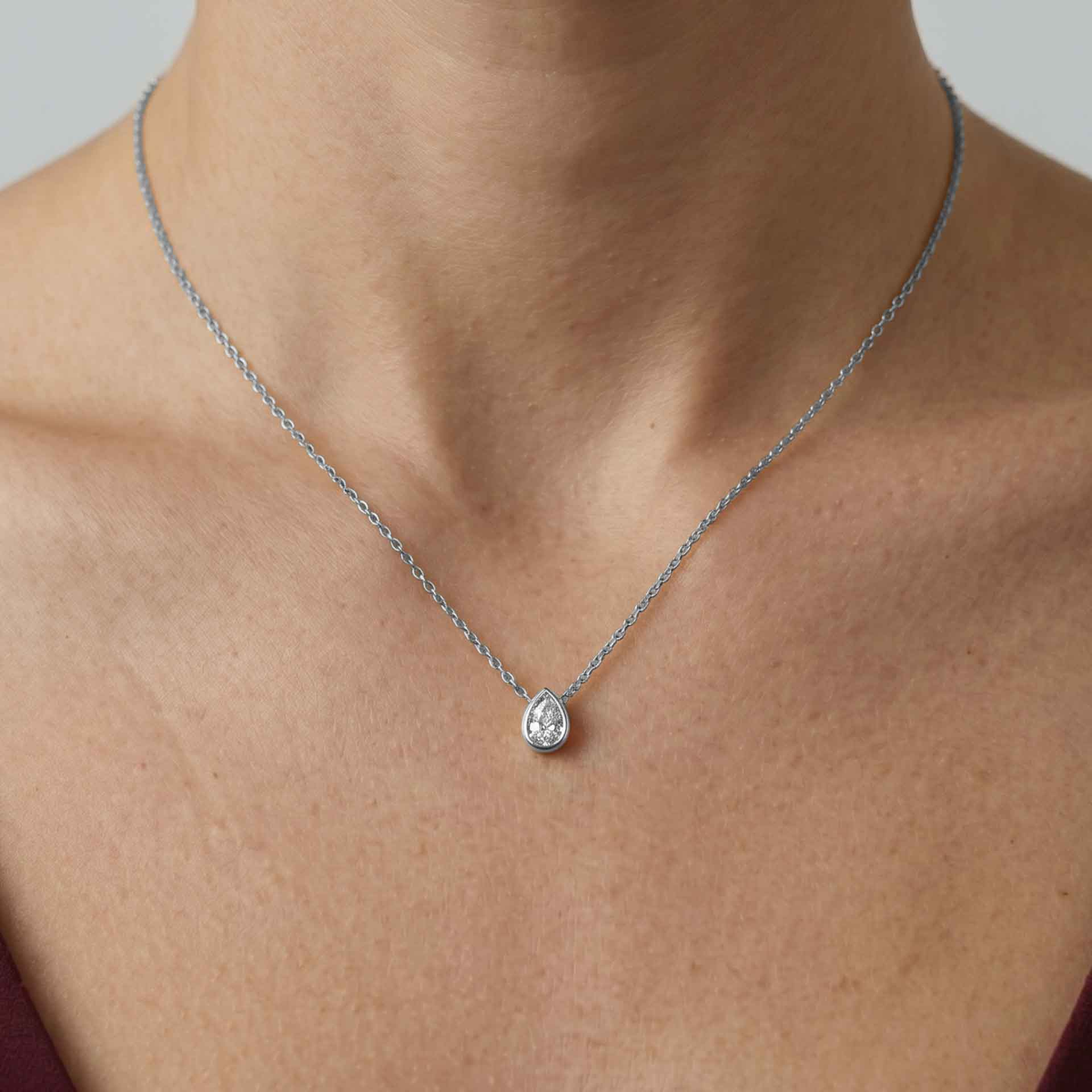 Valencia bezel pear diamond pendant in yellow gold on cable chain — earth and grown diamonds by Amber Arc – view 4