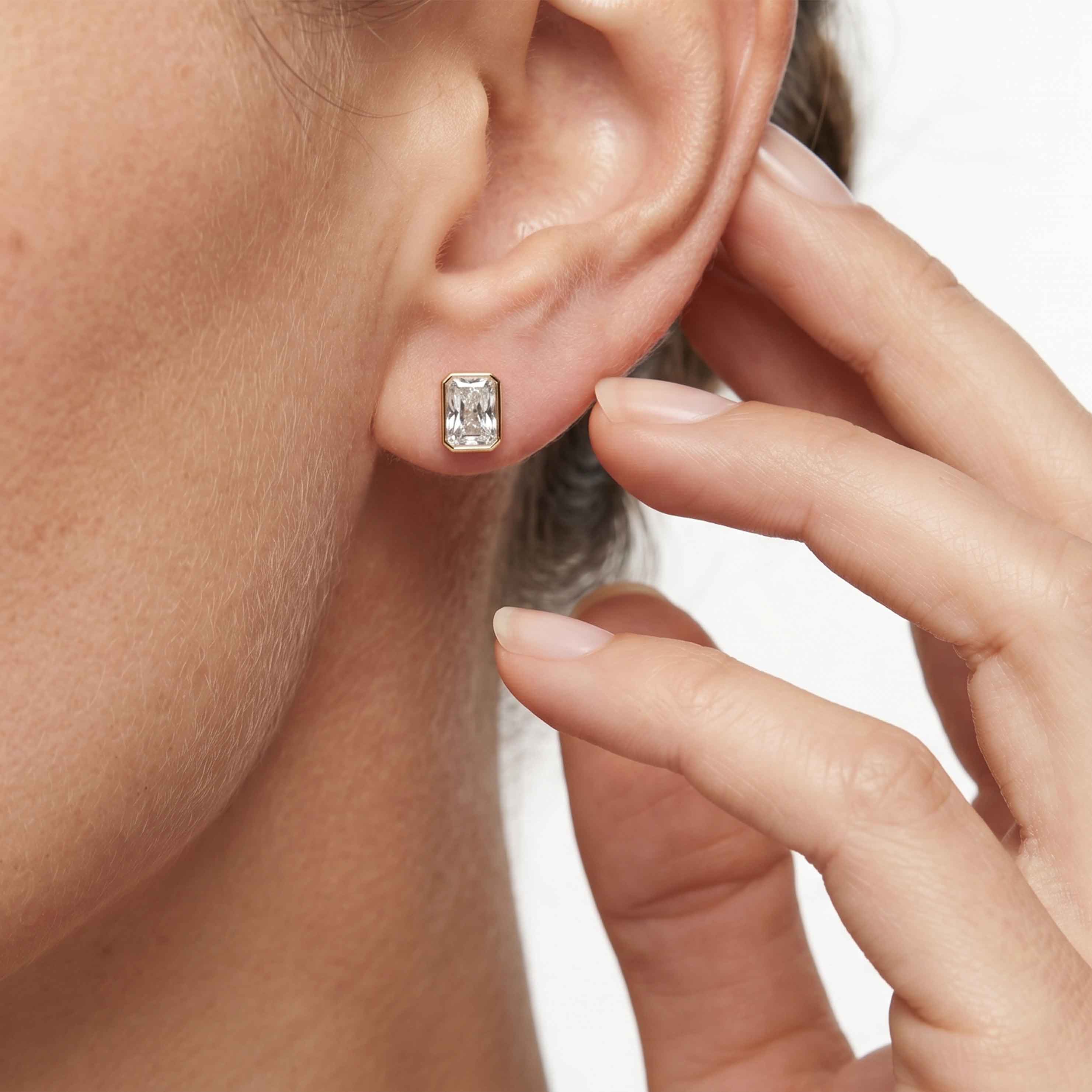 Valencia bezel long radiant diamond stud earrings in white gold — earth and grown diamonds by Amber Arc – view 4