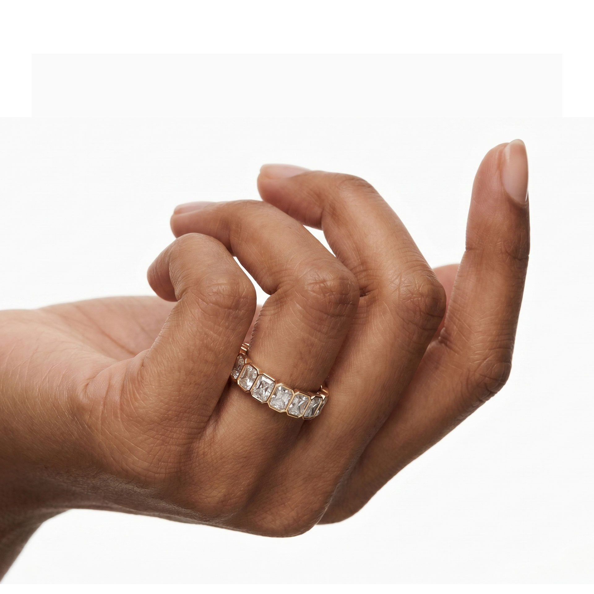 Valencia elongated radiant bezel diamond eternity band in platinum — earth and grown diamonds by Amber Arc – view 4