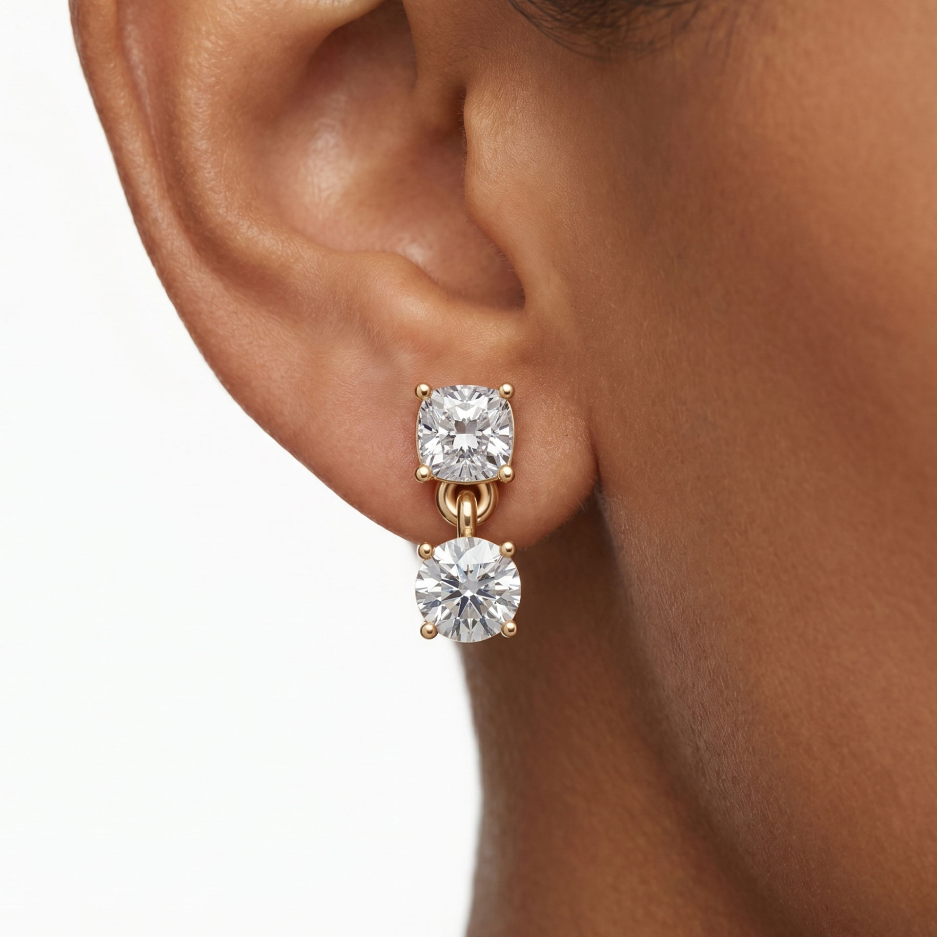 Nara graduated square cushion and round drop diamond earrings in white gold — earth and grown diamonds by Amber Arc – view 4