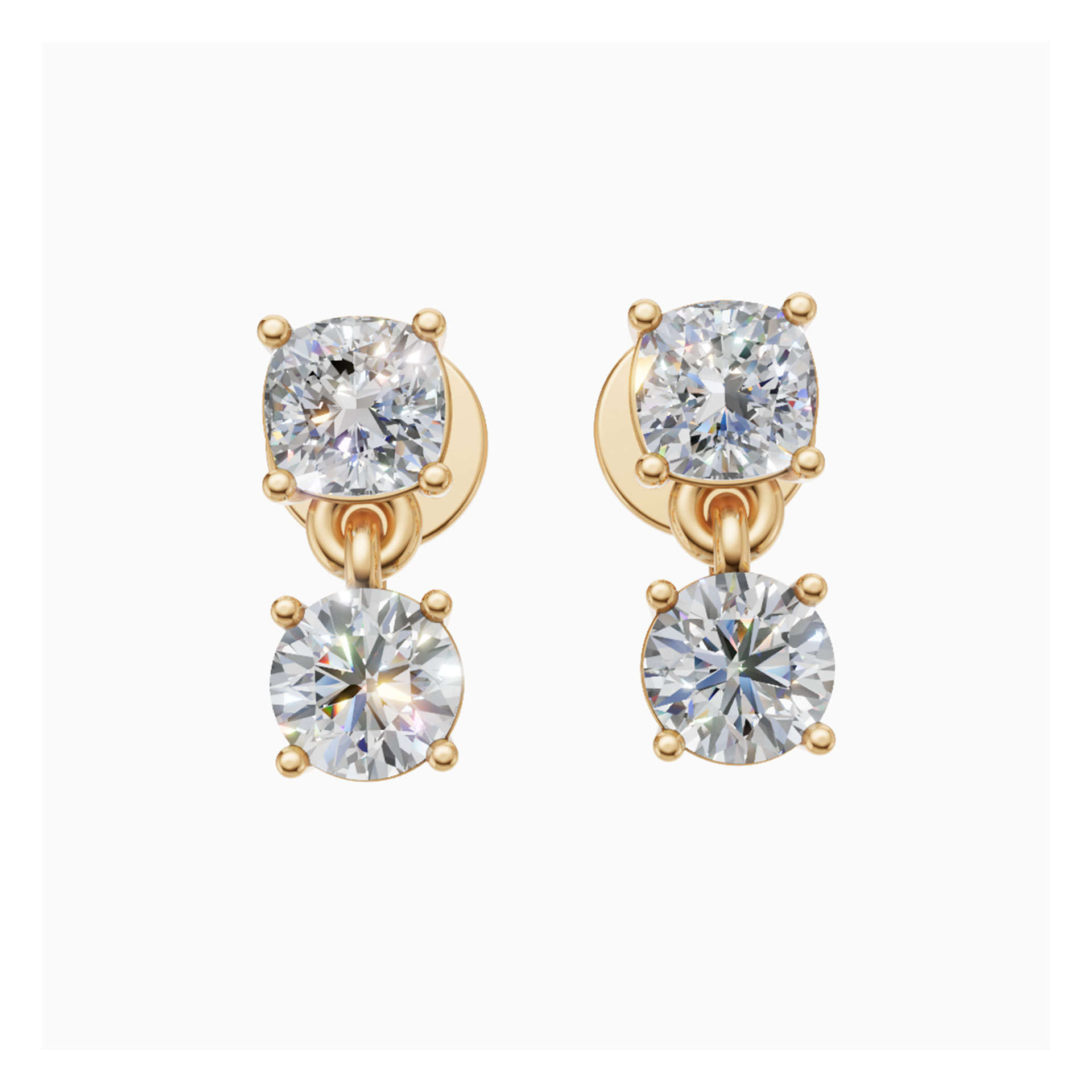 Nara graduated square cushion and round drop diamond earrings in white gold — earth and grown diamonds by Amber Arc