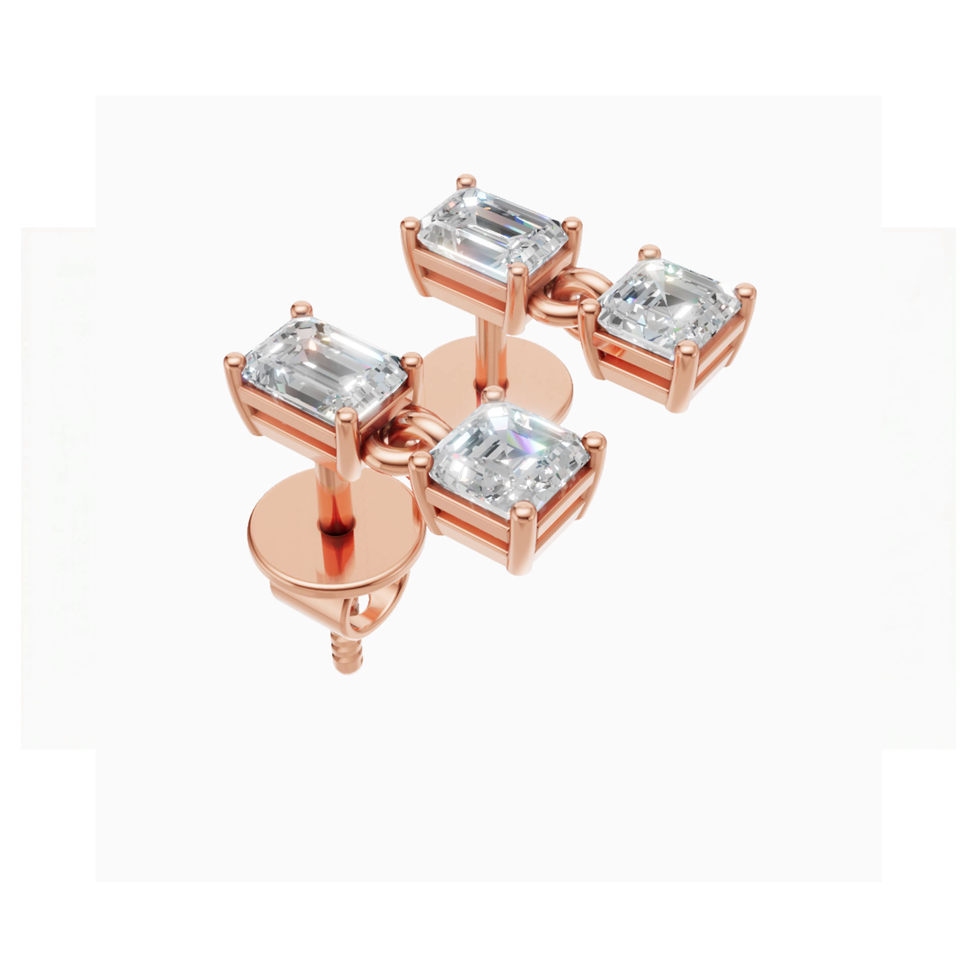 Numa emerald and asscher drop diamond earrings in rose gold — earth and grown diamonds by Amber Arc – view 2