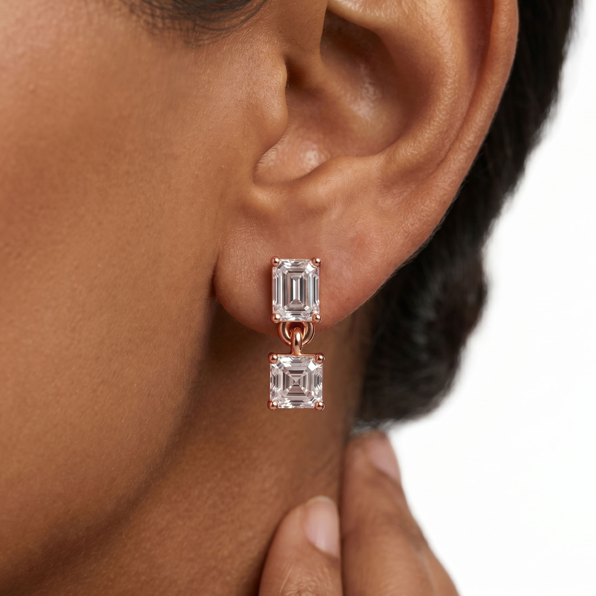 Numa emerald and asscher drop diamond earrings in rose gold — earth and grown diamonds by Amber Arc – view 4