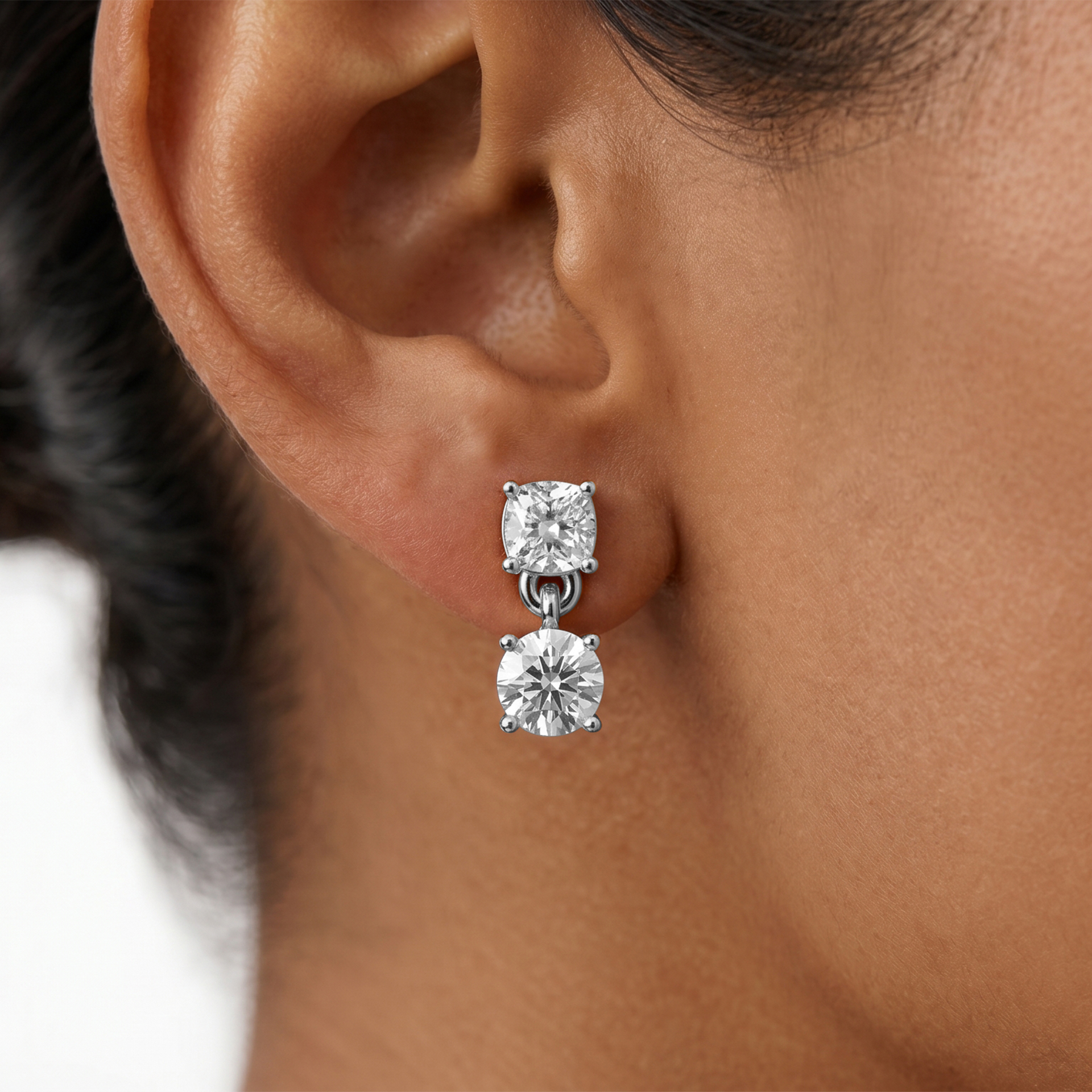 Numa square cushion and round drop diamond earrings in rose gold — earth and grown diamonds by Amber Arc – view 4