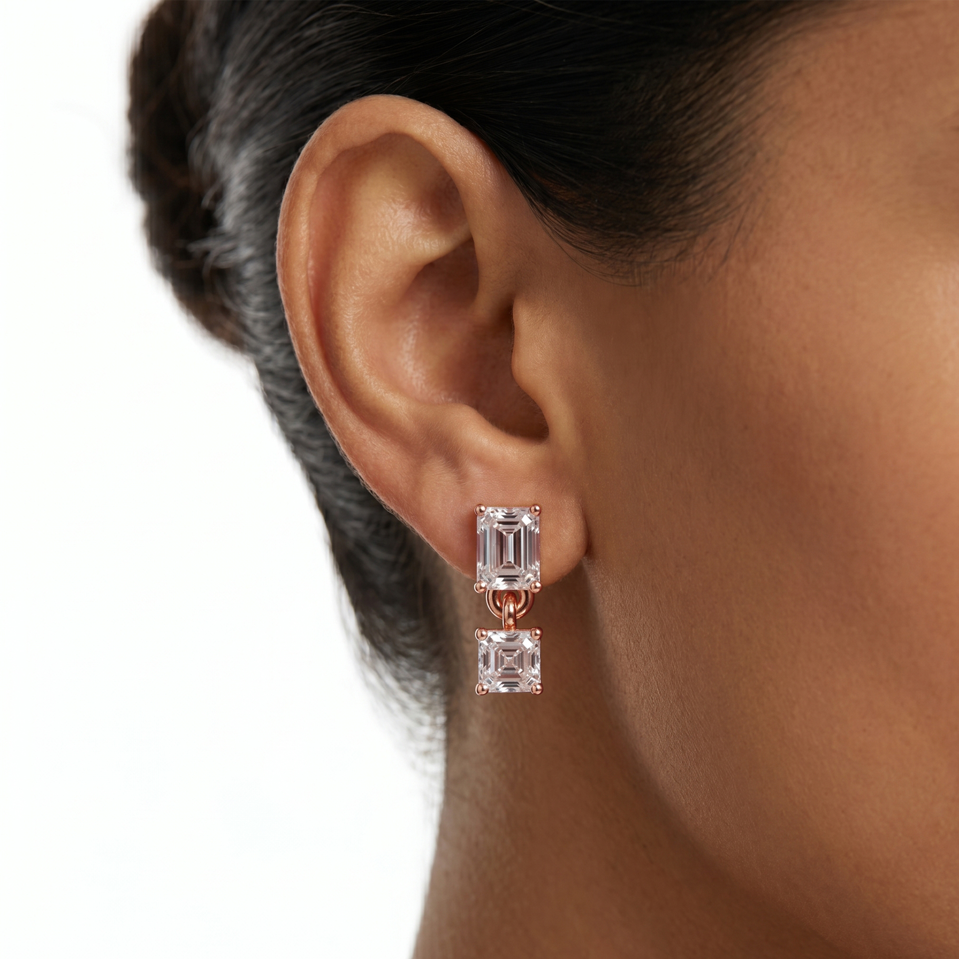 Nara graduated emerald and asscher drop diamond earrings in white gold — earth and grown diamonds by Amber Arc – view 4