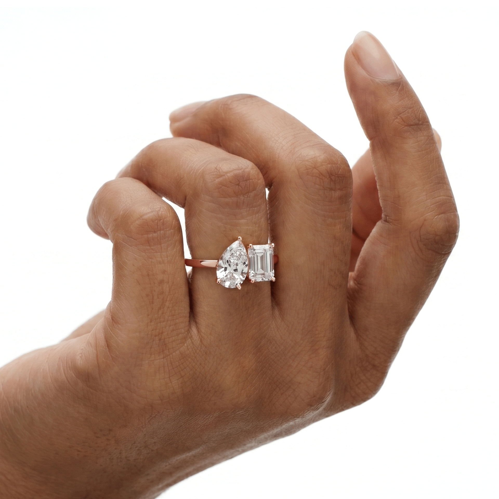 Margot emerald and pear toi et moi diamond ring in white gold — earth and grown diamonds by Amber Arc – view 4