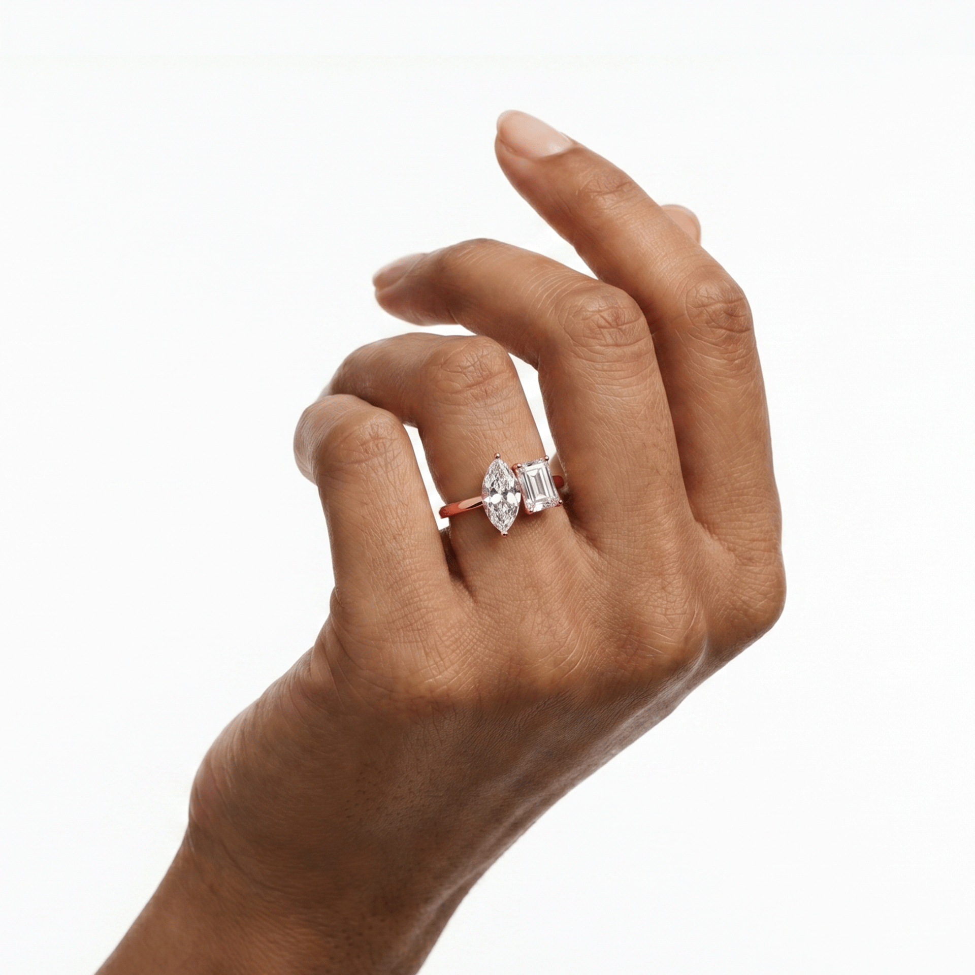 Margot emerald and marquise toi et moi diamond ring in white gold — earth and grown diamonds by Amber Arc – view 4