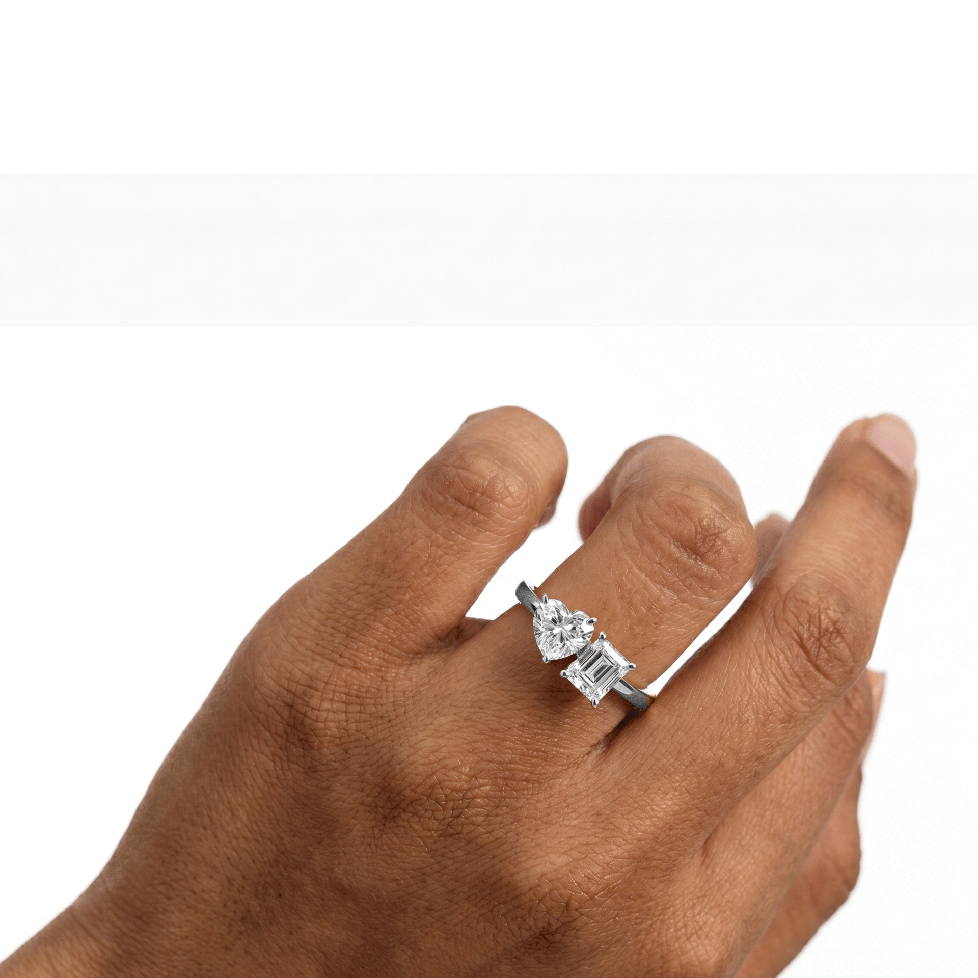 Margot emerald and heart toi et moi diamond ring in white gold — earth and grown diamonds by Amber Arc – view 4