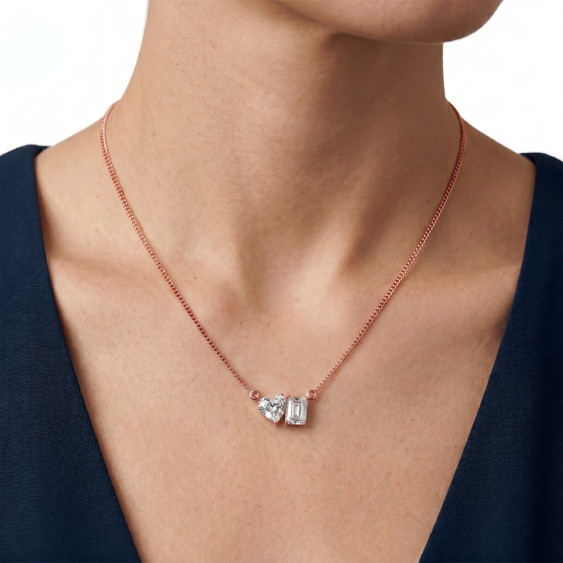 Margot heart and emerald toi et moi diamond pendant in white gold — earth and grown diamonds by Amber Arc – view 4