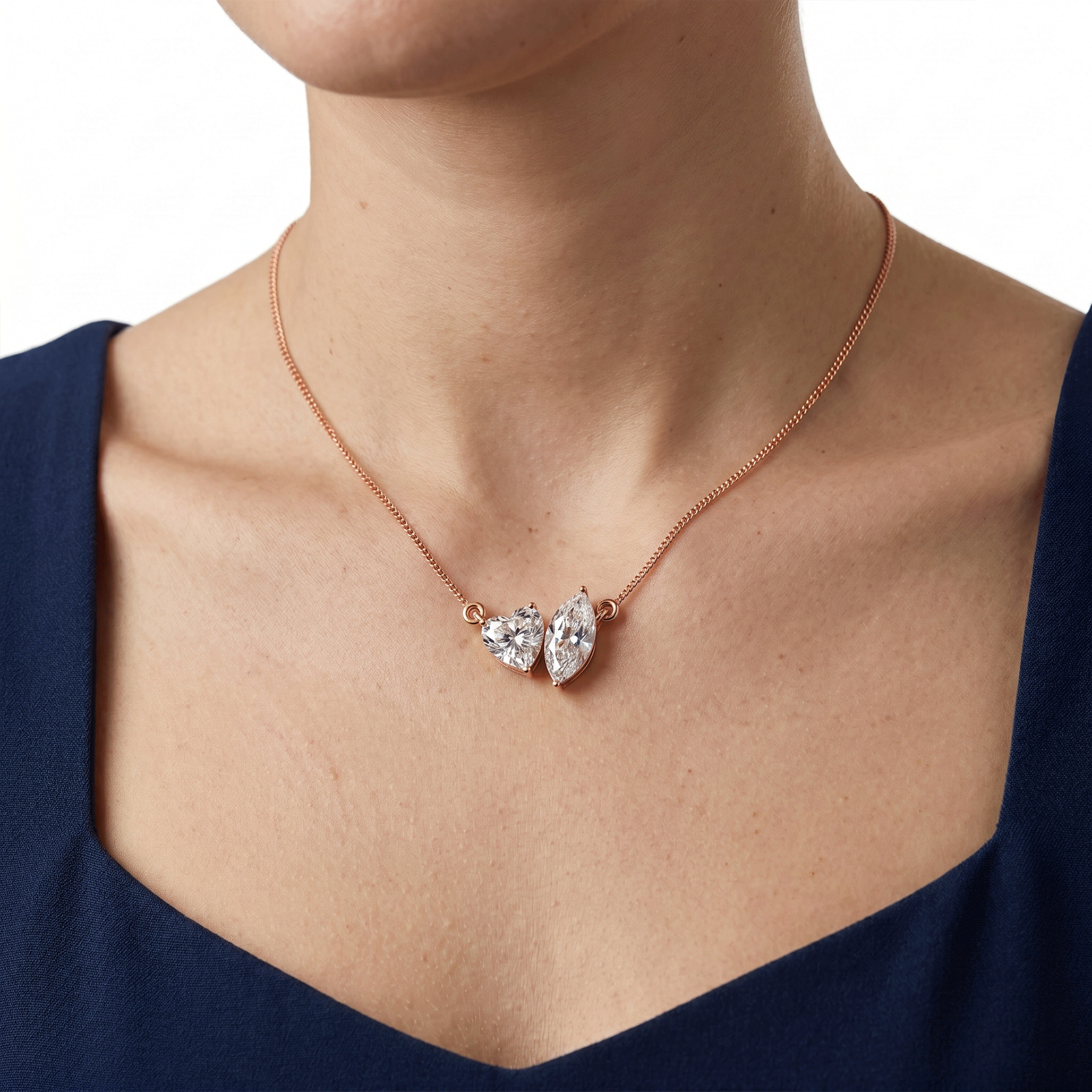 Margot heart and marquise toi et moi diamond pendant in white gold — earth and grown diamonds by Amber Arc – view 4