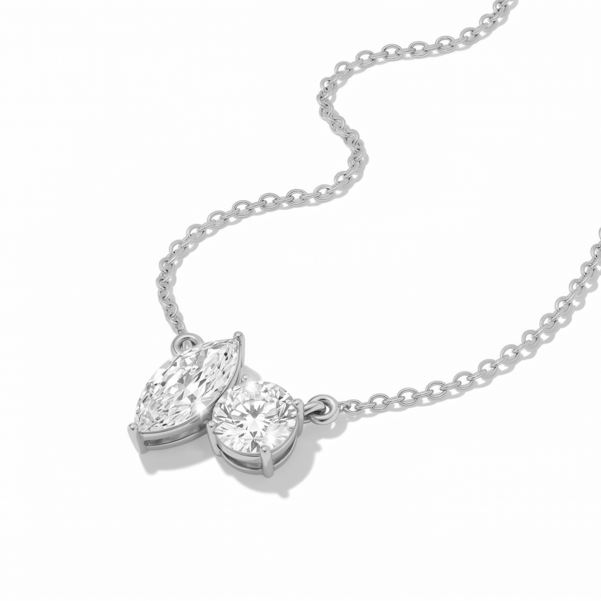 Margot marquise and round toi et moi diamond pendant in white gold — earth and grown diamonds by Amber Arc – view 2