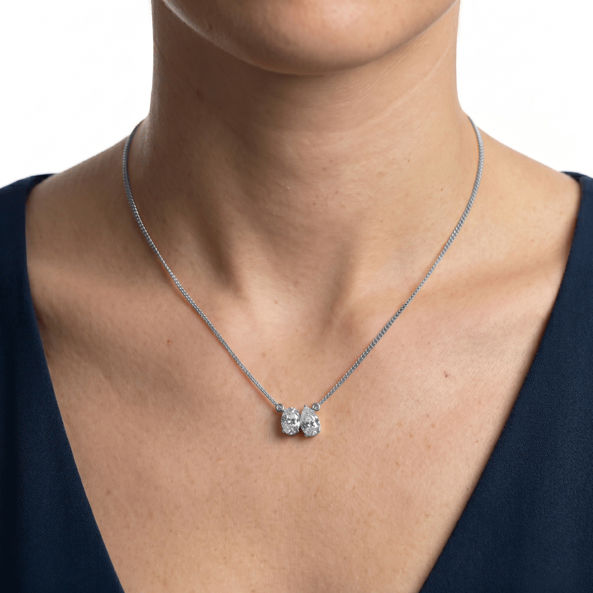 Margot oval and pear toi et moi diamond pendant in white gold — earth and grown diamonds by Amber Arc – view 4