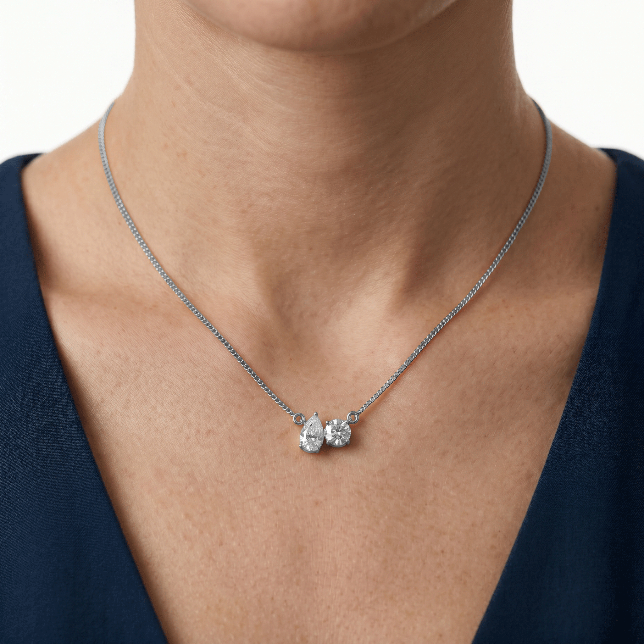 Margot princess and round toi et moi diamond pendant in white gold — earth and grown diamonds by Amber Arc – view 4