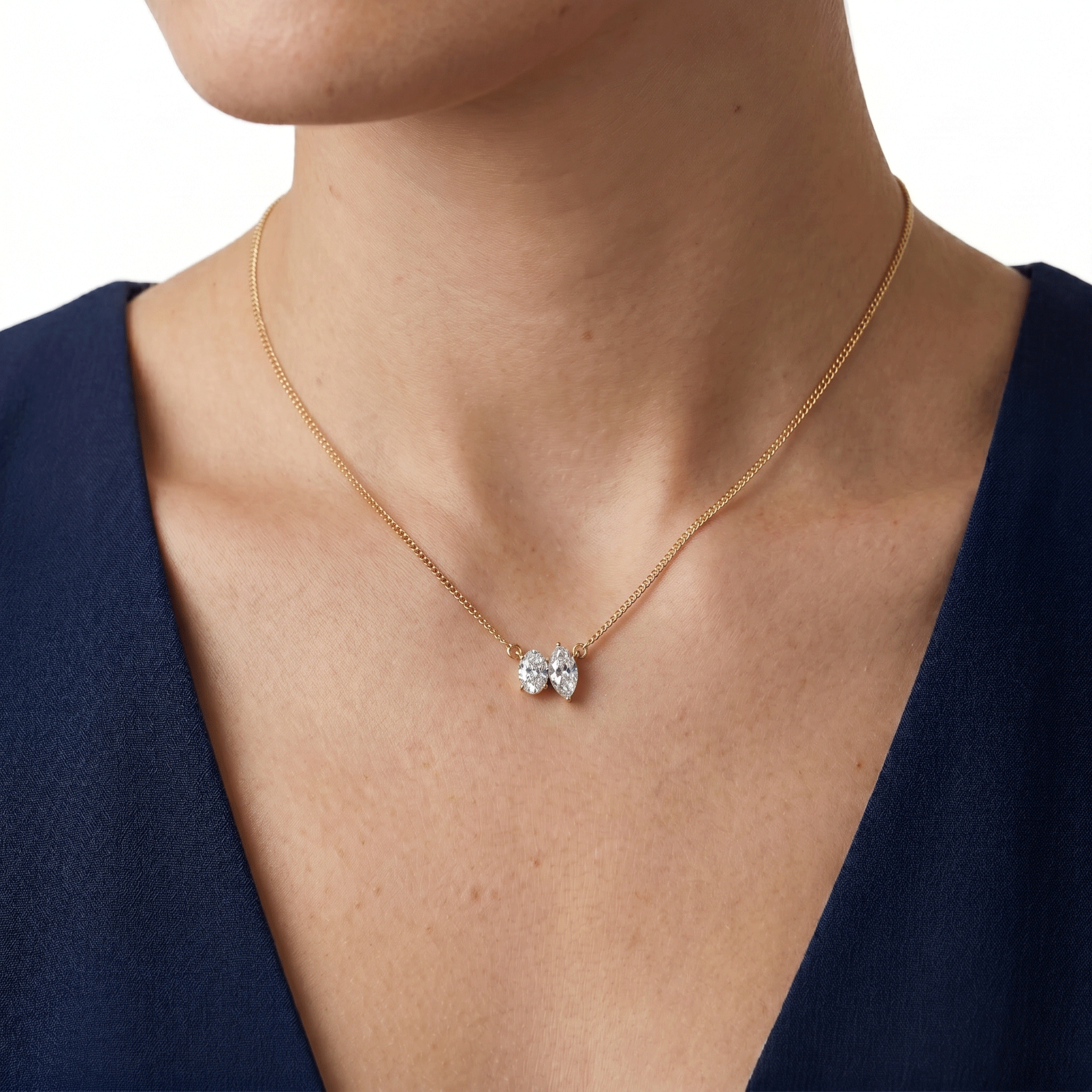 Margot oval and marquise toi et moi diamond pendant in white gold — earth and grown diamonds by Amber Arc – view 4