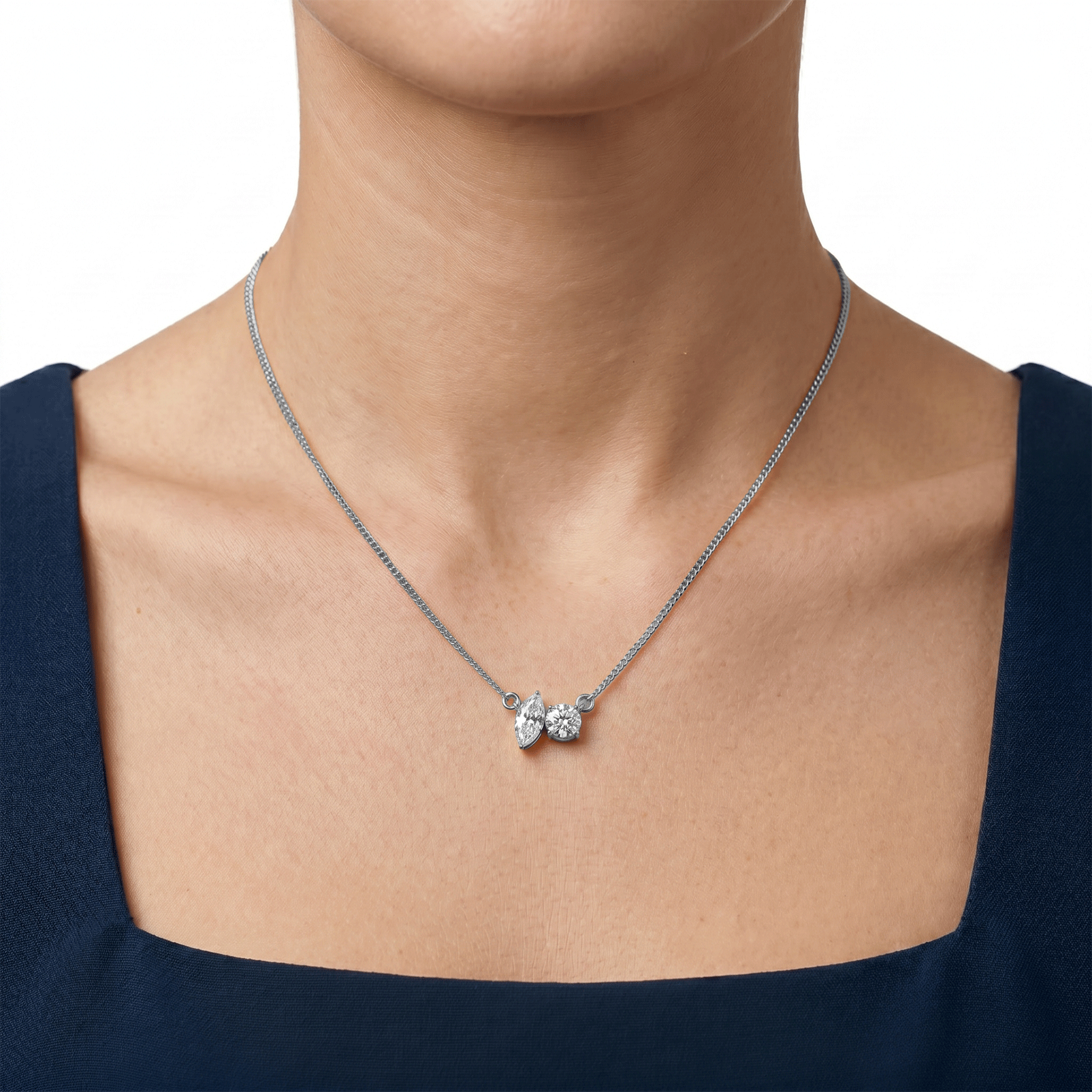 Margot marquise and round toi et moi diamond pendant in white gold — earth and grown diamonds by Amber Arc – view 4