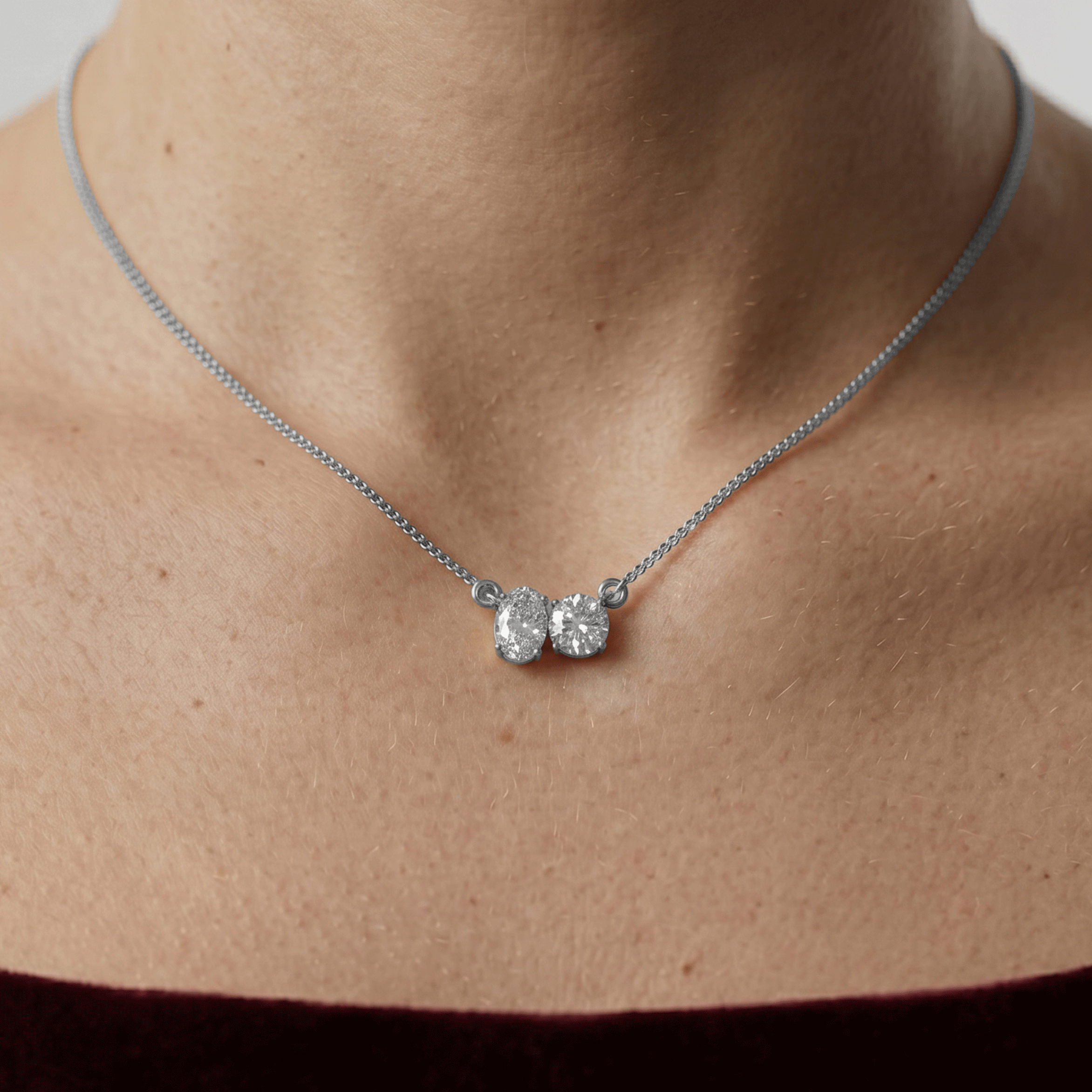 Margot round and oval toi et moi diamond pendant in white gold — earth and grown diamonds by Amber Arc – view 4