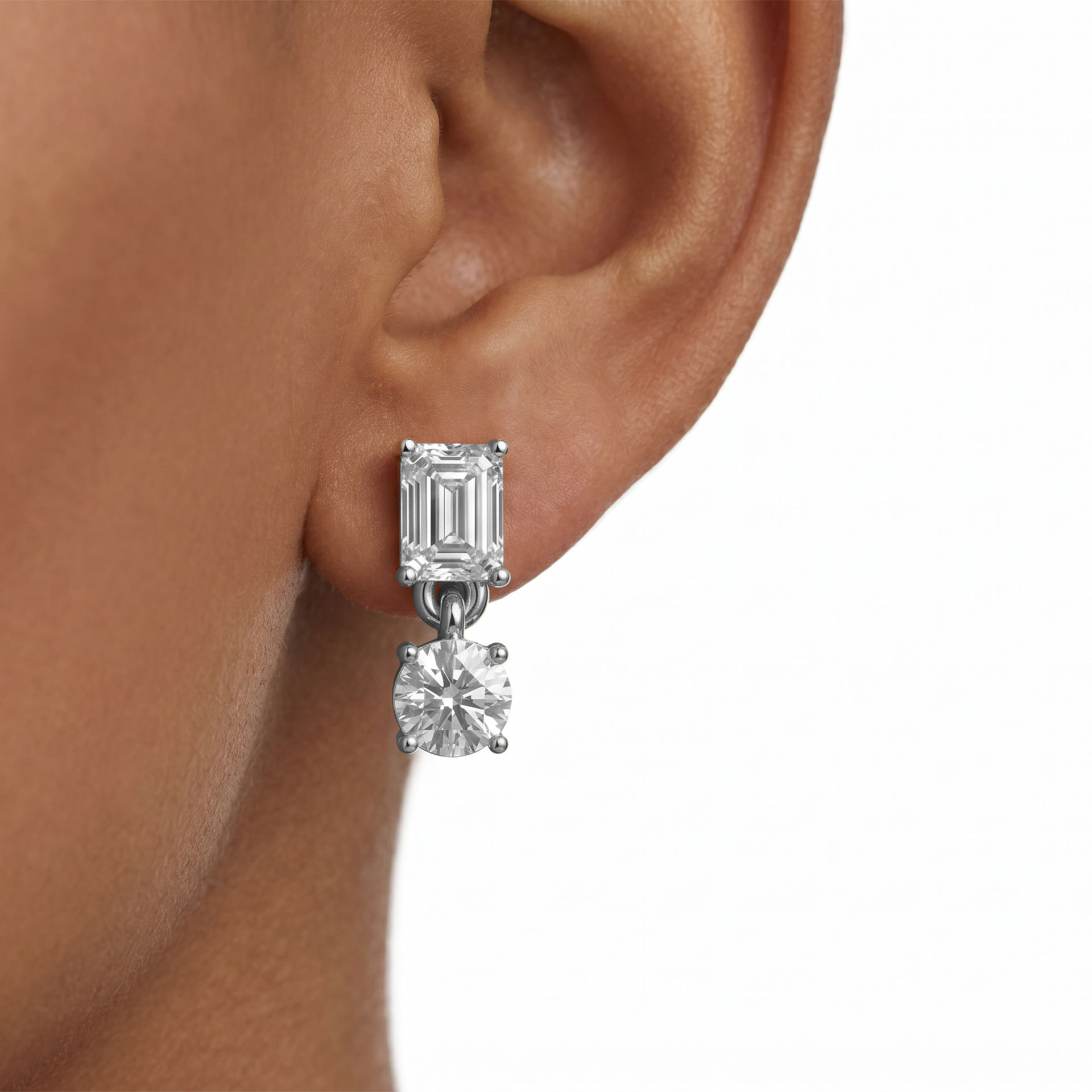 Numa emerald and round drop diamond earrings in rose gold — earth and grown diamonds by Amber Arc – view 4