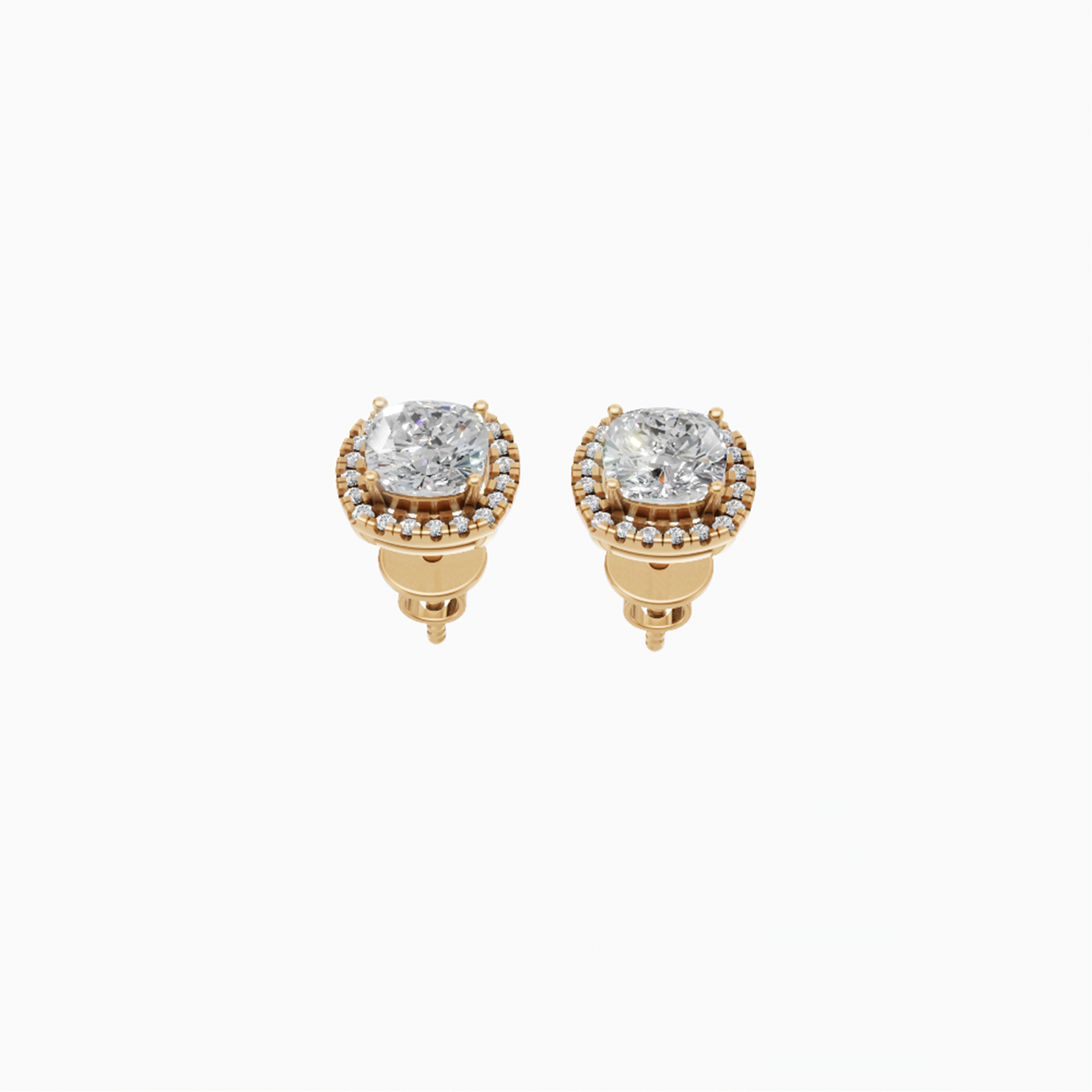 Kiara halo square cushion diamond stud earrings in yellow gold — earth and grown diamonds by Amber Arc – view 2