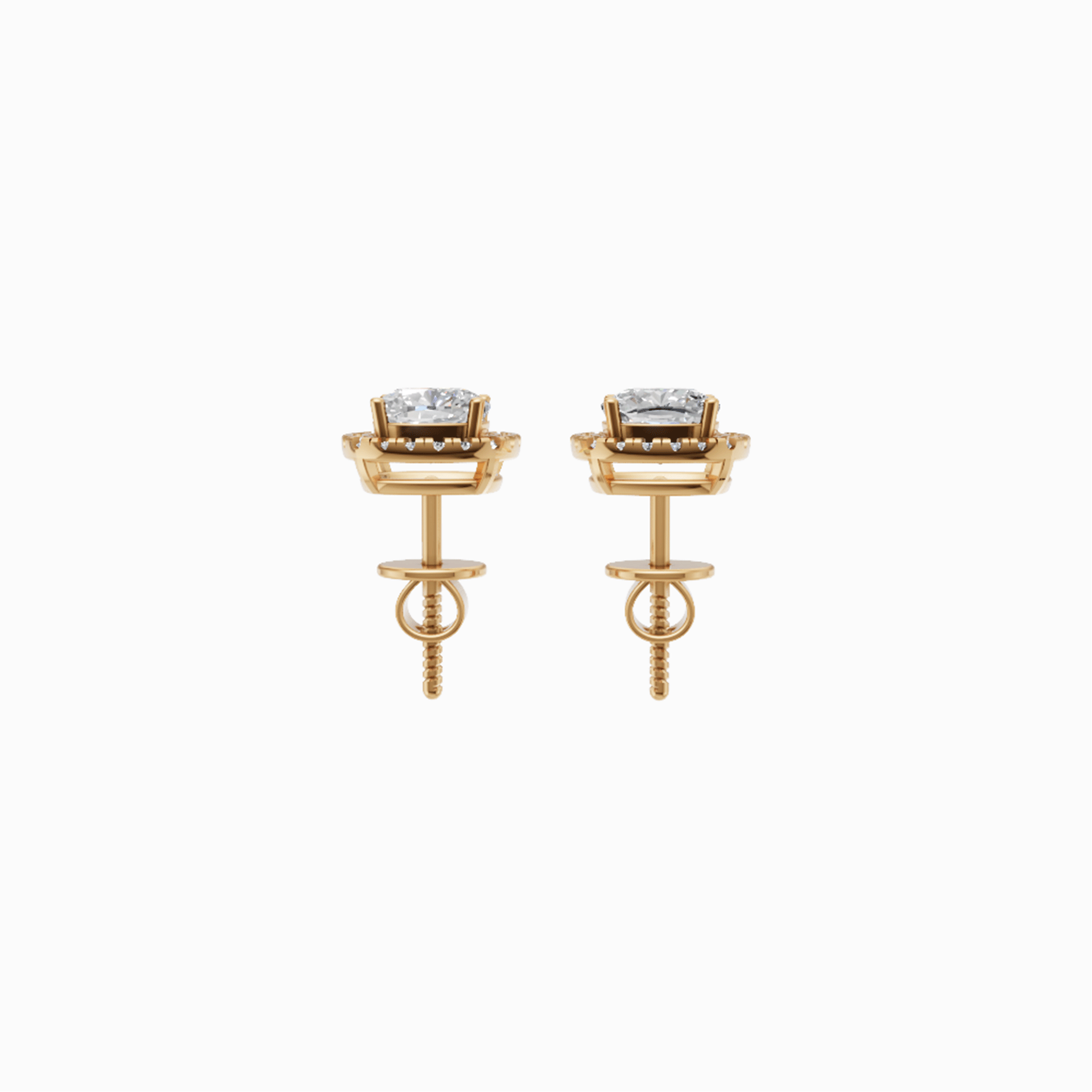 Kiara halo square cushion diamond stud earrings in yellow gold — earth and grown diamonds by Amber Arc – view 3