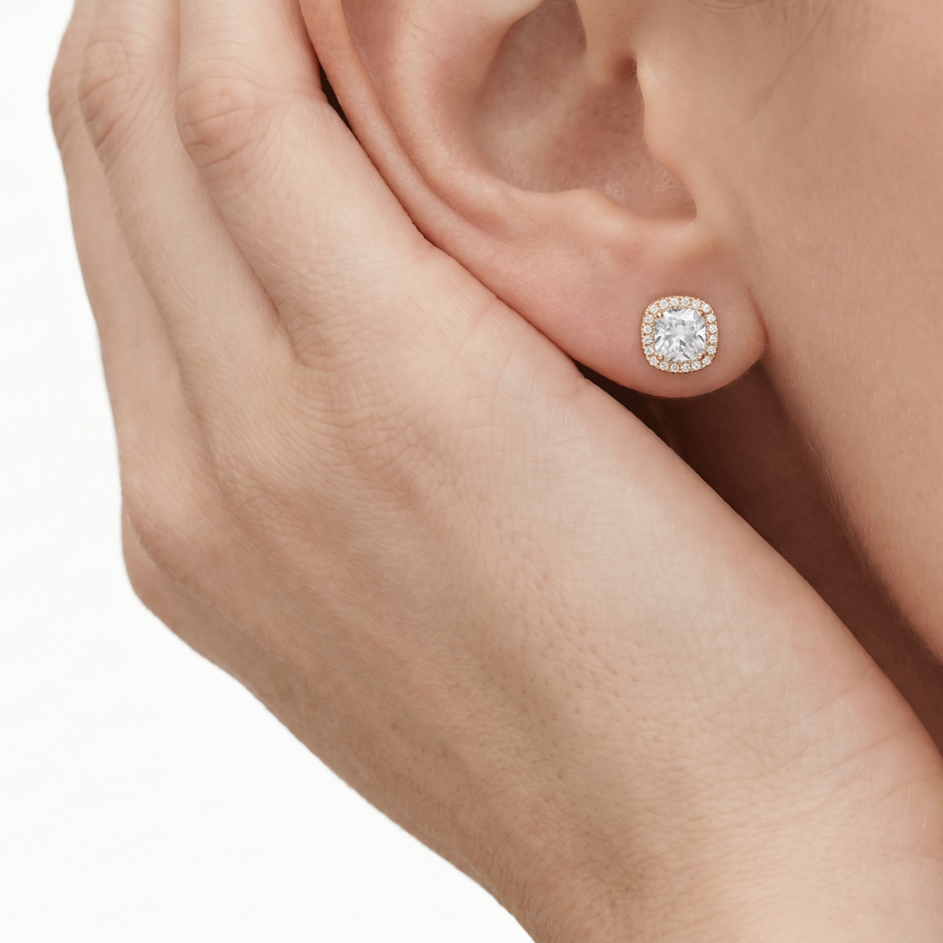 Kiara halo square cushion diamond stud earrings in yellow gold — earth and grown diamonds by Amber Arc – view 4