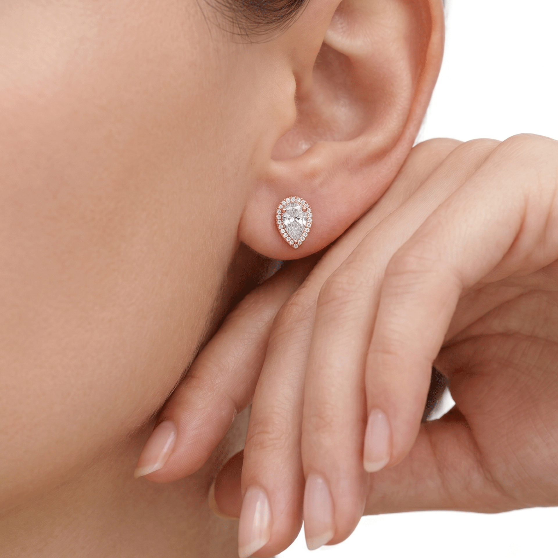 Kiara halo pear diamond stud earrings in yellow gold — earth and grown diamonds by Amber Arc – view 4