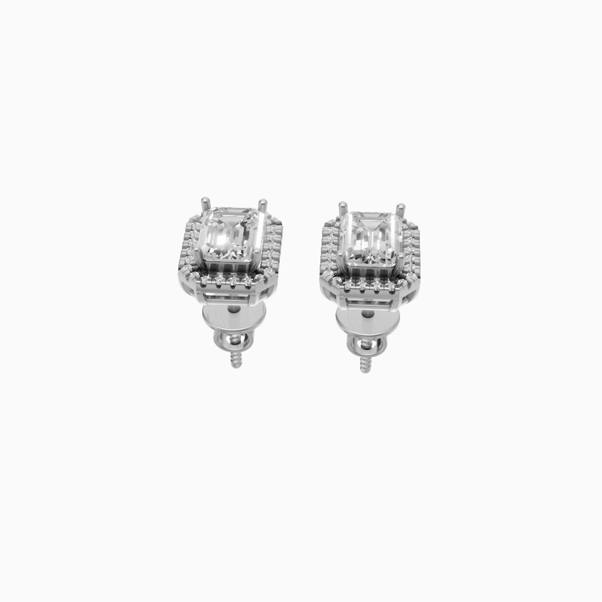 Kiara halo emerald cut diamond stud earrings in yellow gold — earth and grown diamonds by Amber Arc – view 2