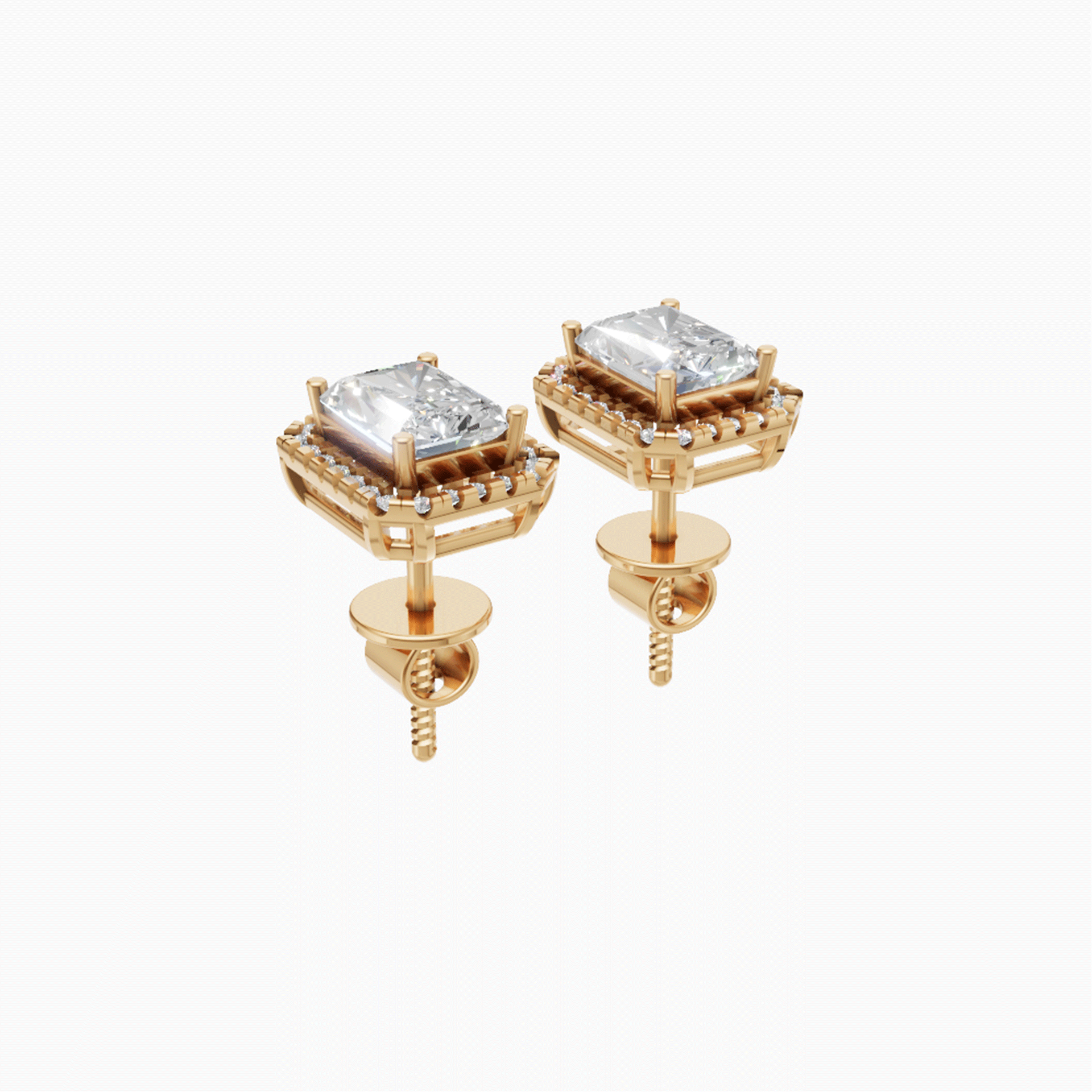 Kiara halo long radiant diamond stud earrings in yellow gold — earth and grown diamonds by Amber Arc – view 2