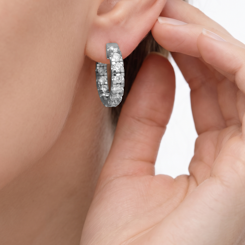 Mira inside out round brilliant diamond hoop earrings in yellow gold — earth and grown diamonds by Amber Arc – view 4