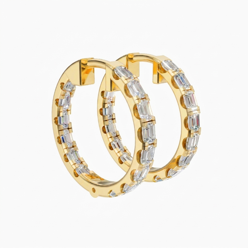 Mira inside out emerald cut diamond hoop earrings in yellow gold — earth and grown diamonds by Amber Arc – view 3
