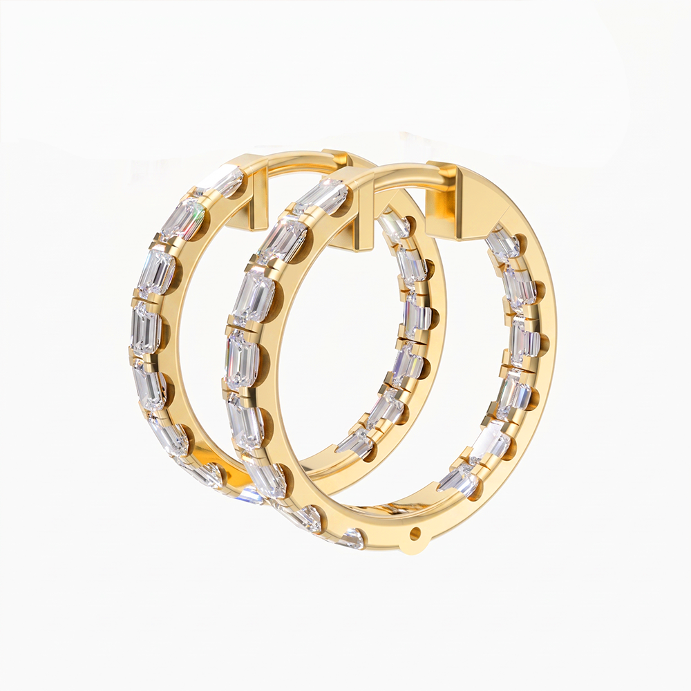 Mira inside out emerald cut diamond hoop earrings in yellow gold — earth and grown diamonds by Amber Arc – view 2